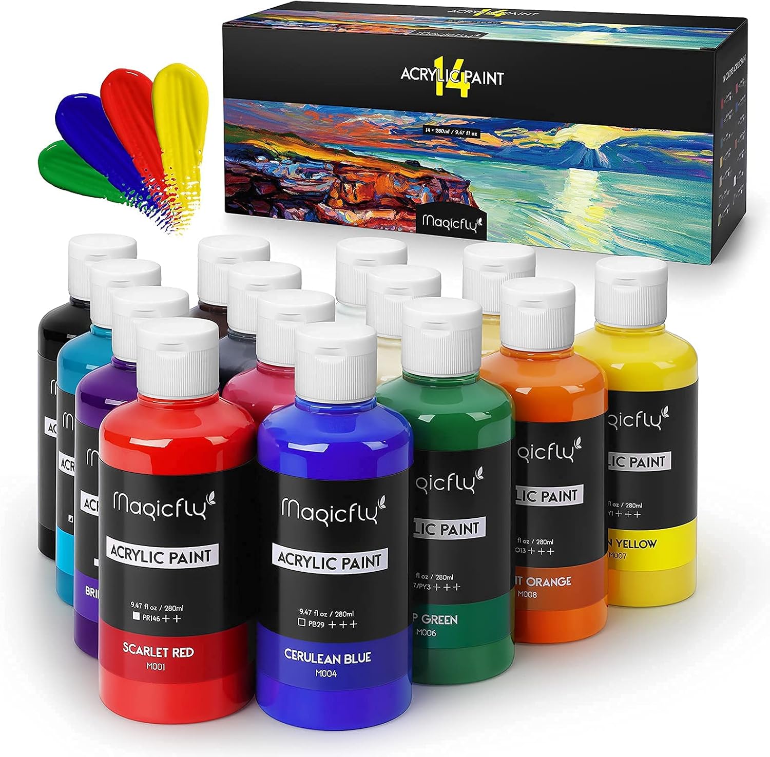 Magicfly 14 Colors Bulk Acrylic Paint Set 30 Colors Acrylic Paint Set with 3 Brushes