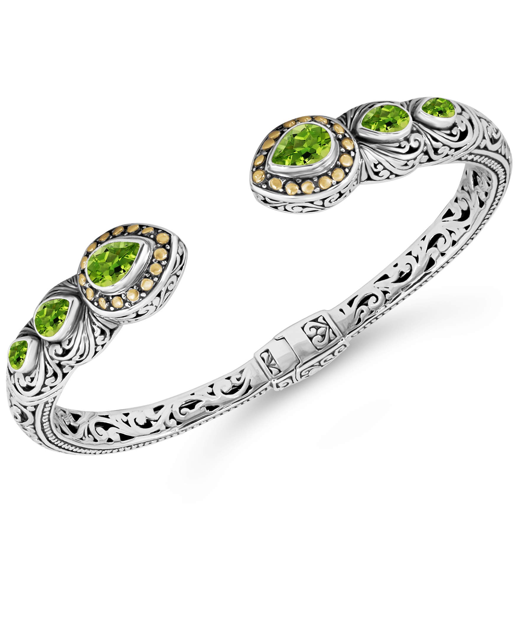 DEVATA Sterling Silver 925 and 18K Gold with Gemstones Bali Filigree Cuff Bracelet