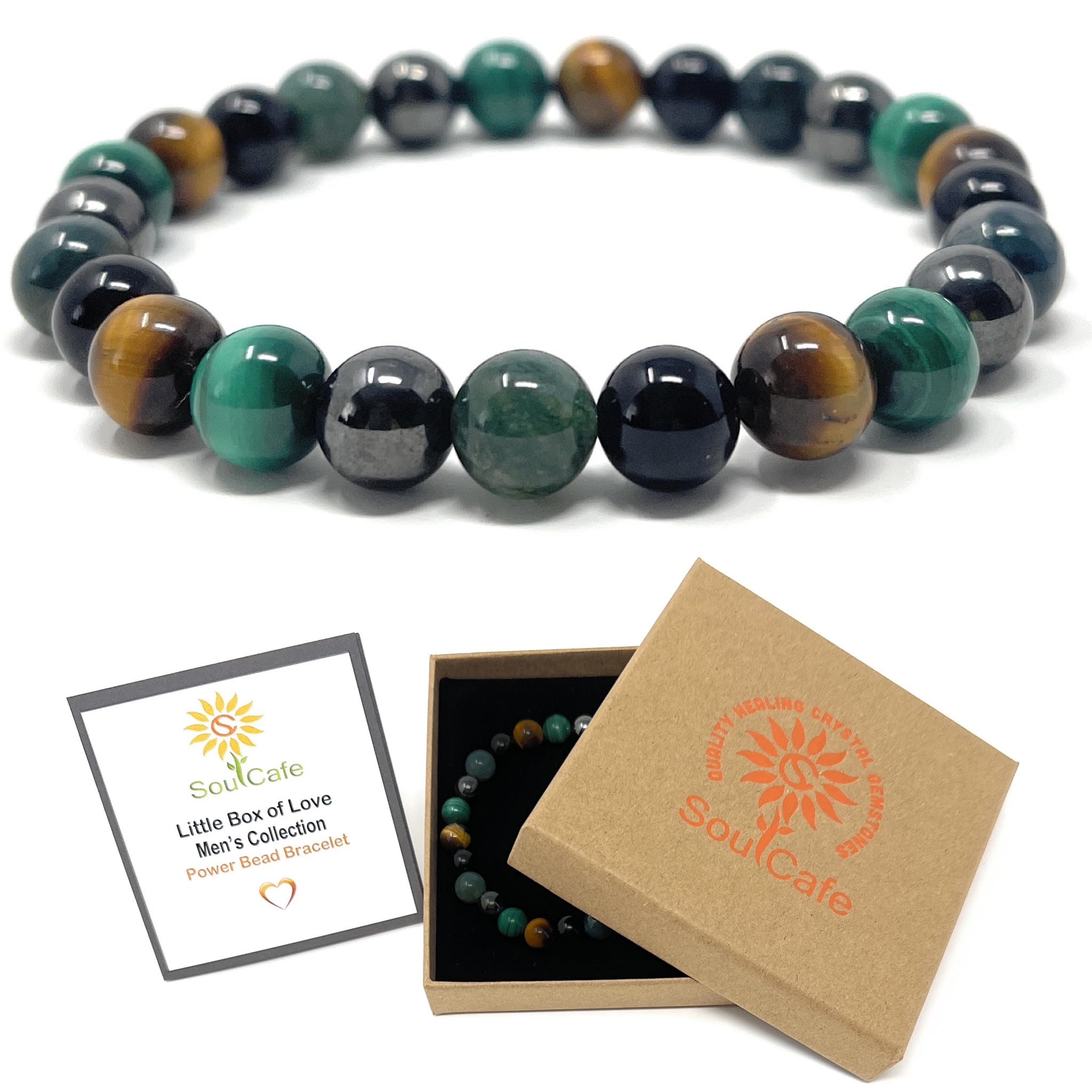 SoulCafeConnectSoulCafe Men's Crystal Bead Bracelet – Moss Agate, Malachite, Hematite, Black Tourmaline & Tiger's Eye – Gemstone SoulCafeConnect Stretch Bracelet – Gift Box & Crystal Meaning Card – XS/S/M/L/XL