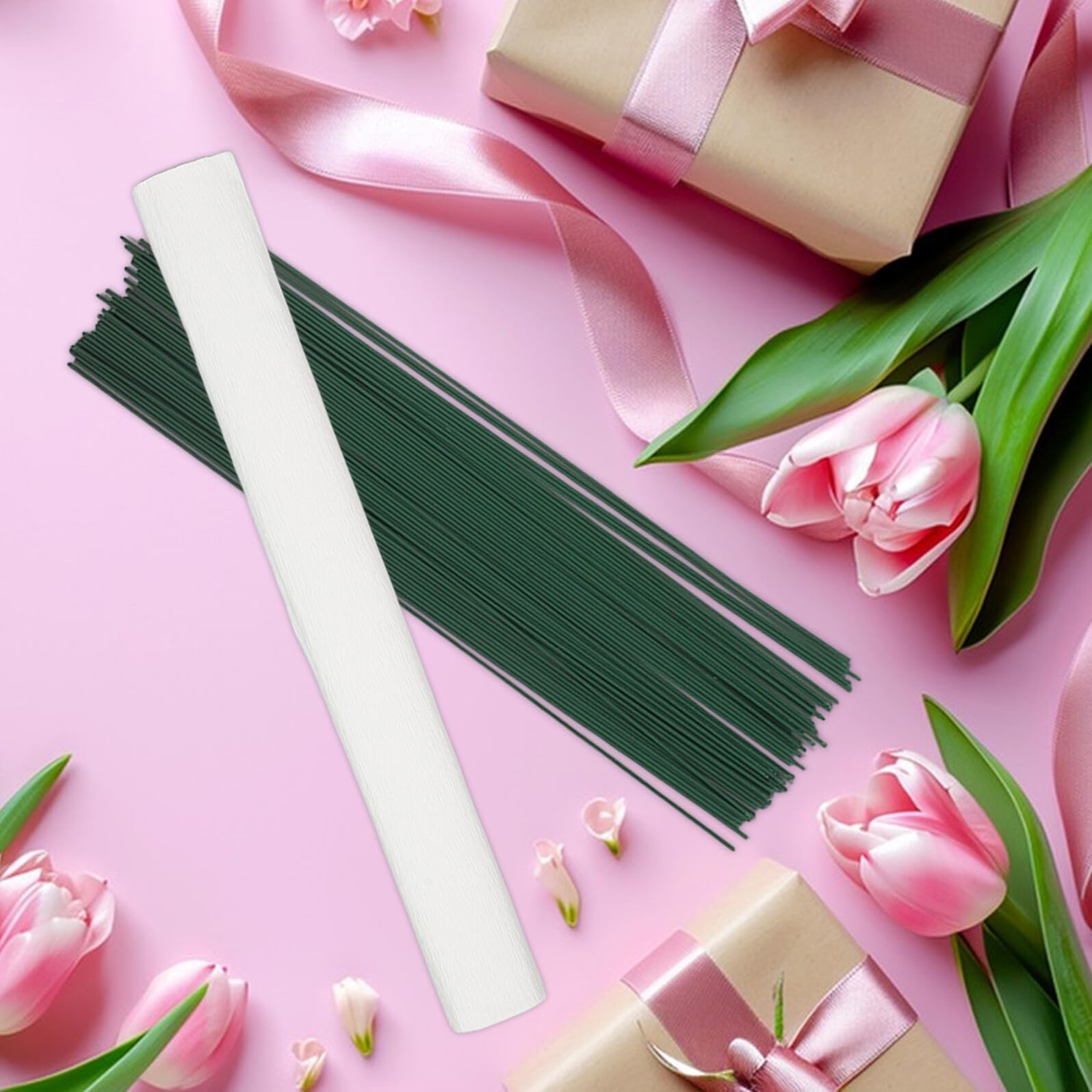 LIFKOME Crepe Papier Weiß Grün und Orange Inkl Grünem Klebeband und Blumenstielen Strukturierte Blütenpapier-bündel für Floristen DIY Blumenarrangements Hochzeits Partydeko