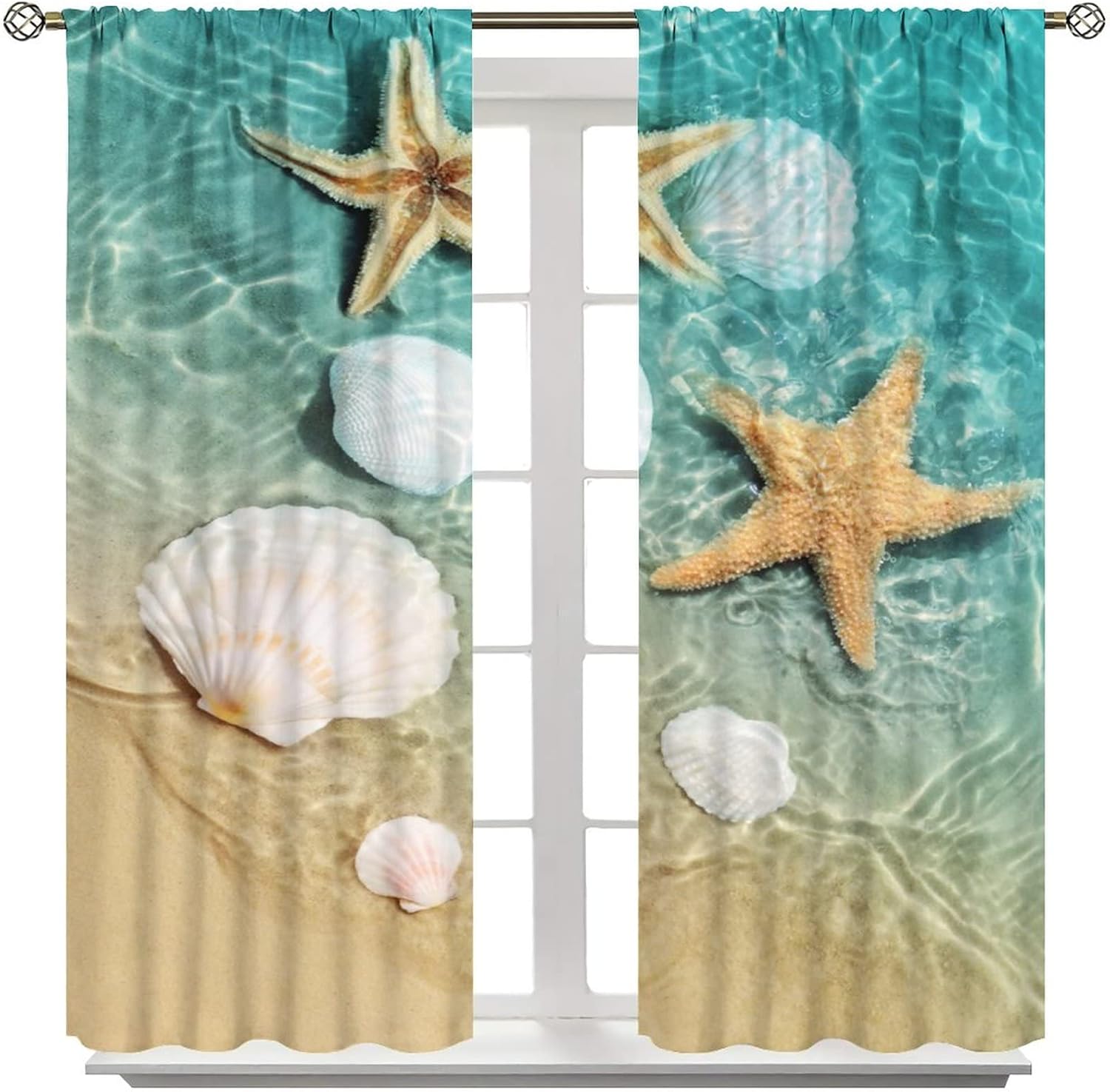 Ocean Theme Curtains, Starfish and Seashells Overflowing in Seawater, Bedroom Living Room Decorative Room Noise Reduction Darkening Window Curtains, 2 Sets of Panels, 42x45 Inch.