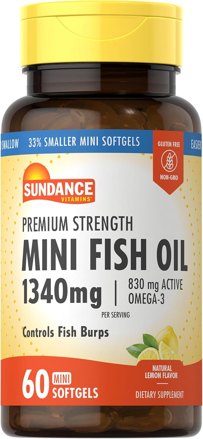 Sundance Mini Fish Oil Softgels 1340mg | 60 Count | Controls Fish Burps | Premium Strength Formula with Omega-3 | Natural Lemon Flavor | Non-GMO and Gluten Free Supplement Sundance Mini Fish Oil Softgels 1340mg | 60 Count | Controls Fish Burps | Premium Strength Formula with Omega-3 | Natural Lemon Flavor | Non-GMO and Gluten Free Supplement