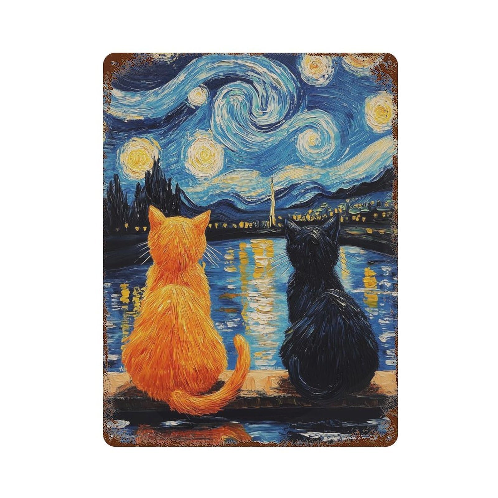 Starry Night Cats Reflection -2 Rusty Metal Tin Sign 15.7"x11.8", Vintage Wall Decor for Garage, Pub Or Kitchen