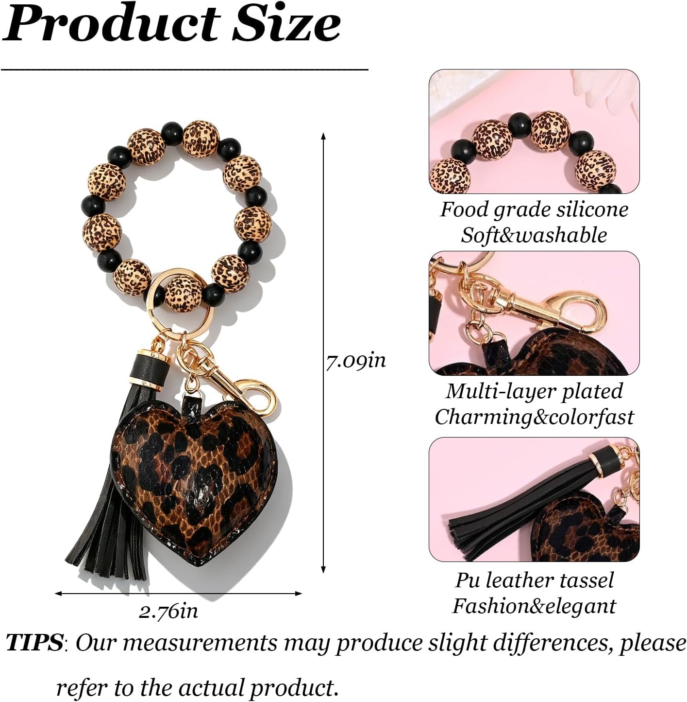 Angyape Wrist Keychain Bracelet Silicone Bead Car Keychain Wristlet for Women Leopard Heart Tassel Bag Charms for Handbags - Image 6
