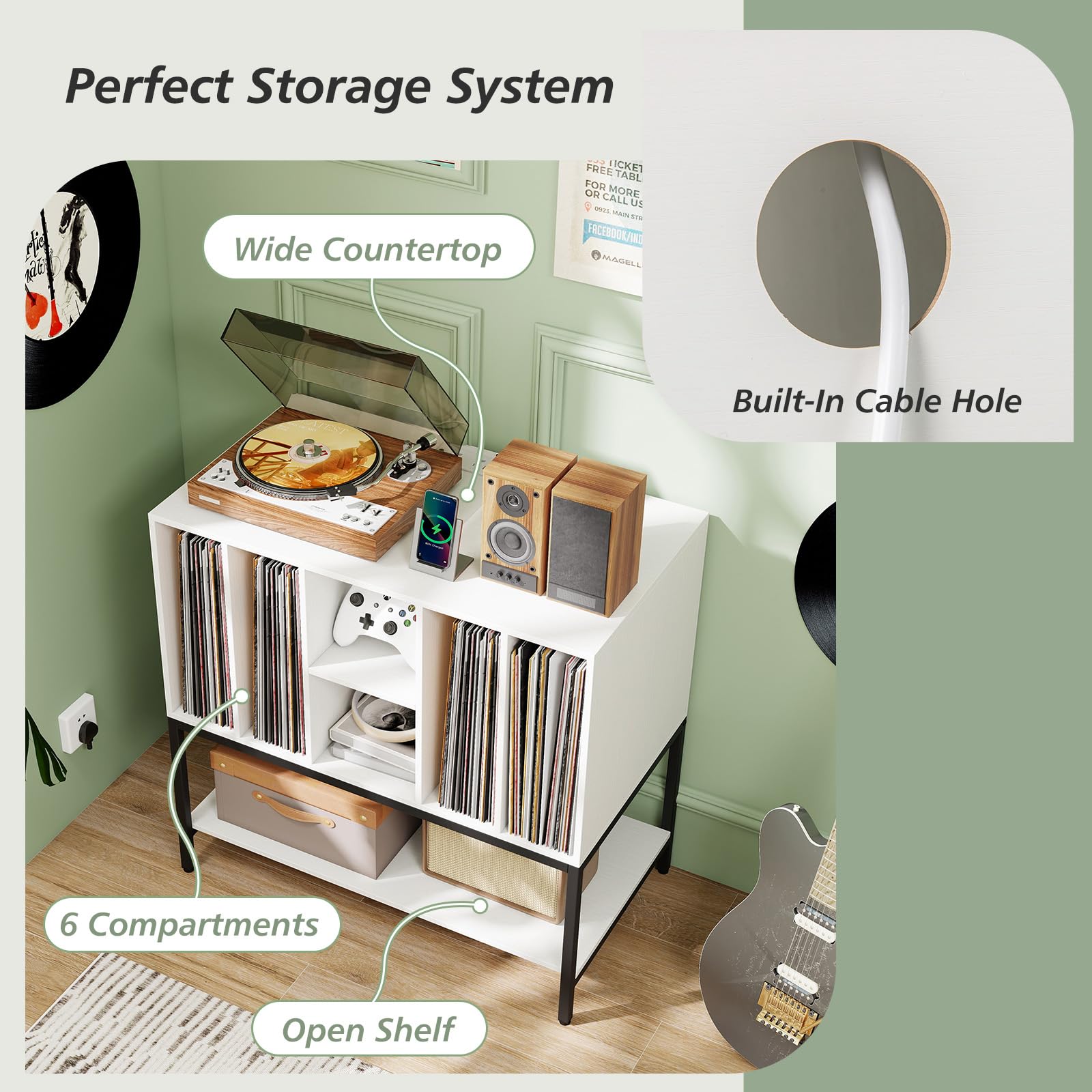 GIANTEX Support pour tourne-disque avec 6 compartiments et étagère ouverte, armoire pour disques vinyles avec station de charge, 80 x 45 x 79,5 cm, meuble de rangement pour salon, chambre (blanc)