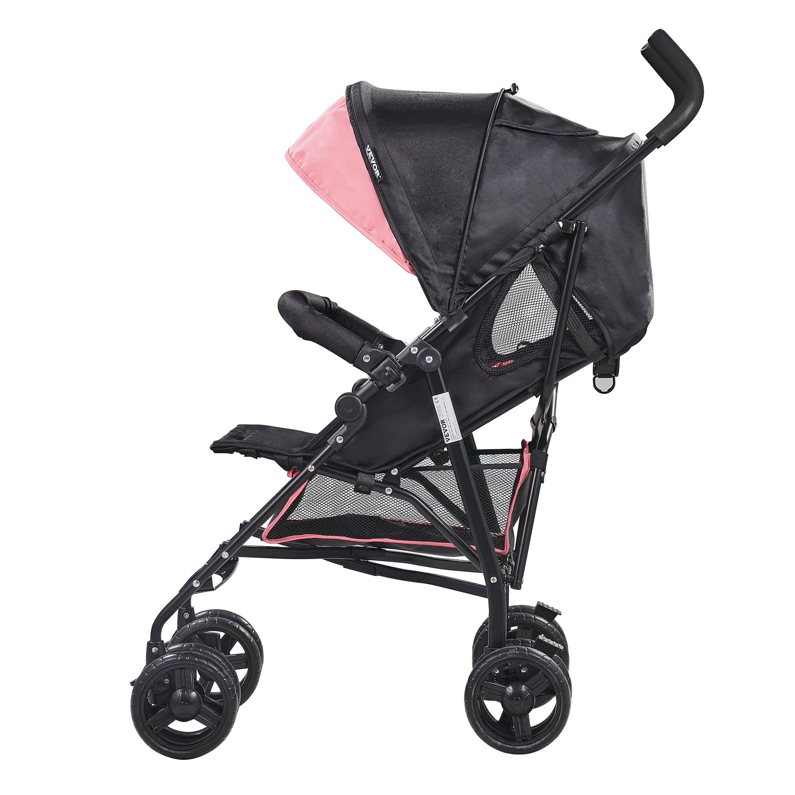 VEVOR Cochecito Ligero, Respaldo Reclinable Multiposición, Plegable y Compacto, de Acero al Carbono, Cesta de Almacenamiento Grande, con Sombrilla para Viajes y Más, Negro/Rosa, 780 x 500 x 1040 mm