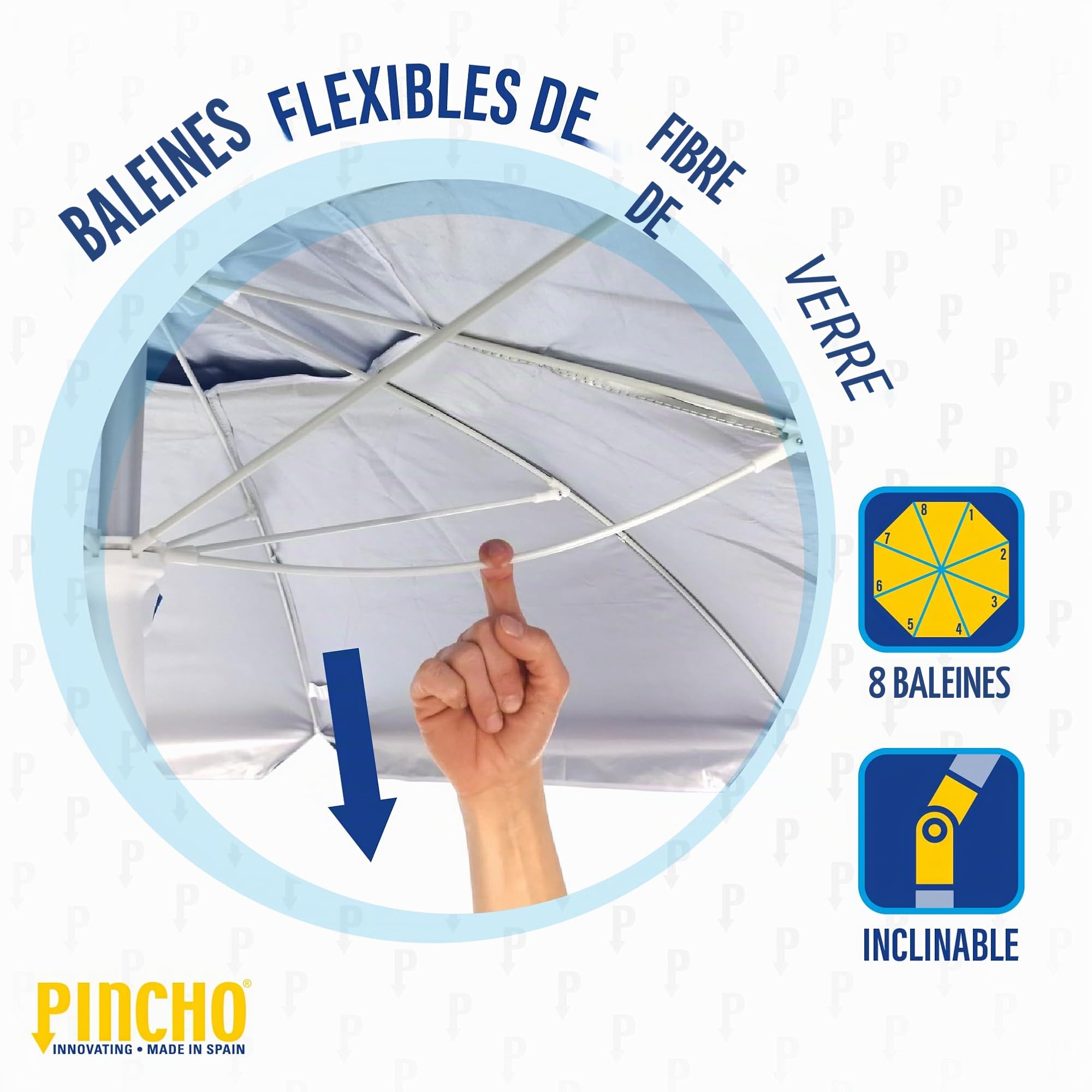 Pincho Grand parasol de plage Ø200 cm, anti-vent, protection UV 50, matériaux de qualité, tube en aluminium, tiges en fibre de verre, bâton inclinable, 10, Grande