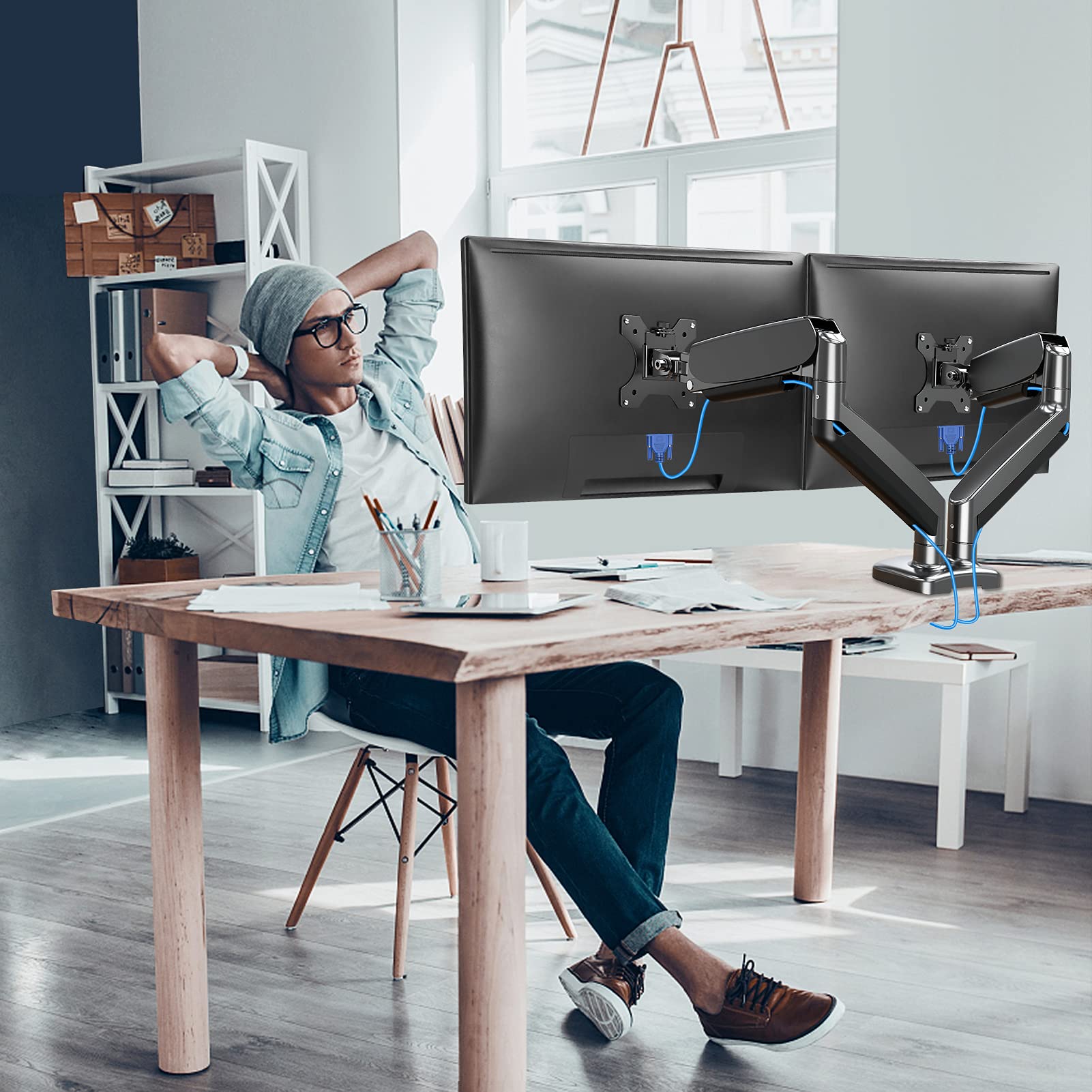 MOUNTUP Dual Monitor Stand, Fully Adjustable Gas Spring Dual Monitor