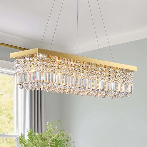 7PM Rectangle K9 Crystal Chandelier Modern Gold Crystal Chandelier Rectangular Pendant Lighting Fixture for Dining Room Kitchen Island Bedroom L40'' x W10'' x H10''