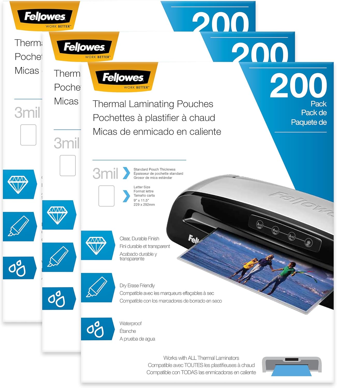 Fellowes Thermal Laminating Sheets, Letter Size 9” x 11.5”, 3 Mil, Glossy, Clear Photo-Safe Pouches, 600 Total (3 Pack of 200), Compatible with All Thermal Laminators (5743401)