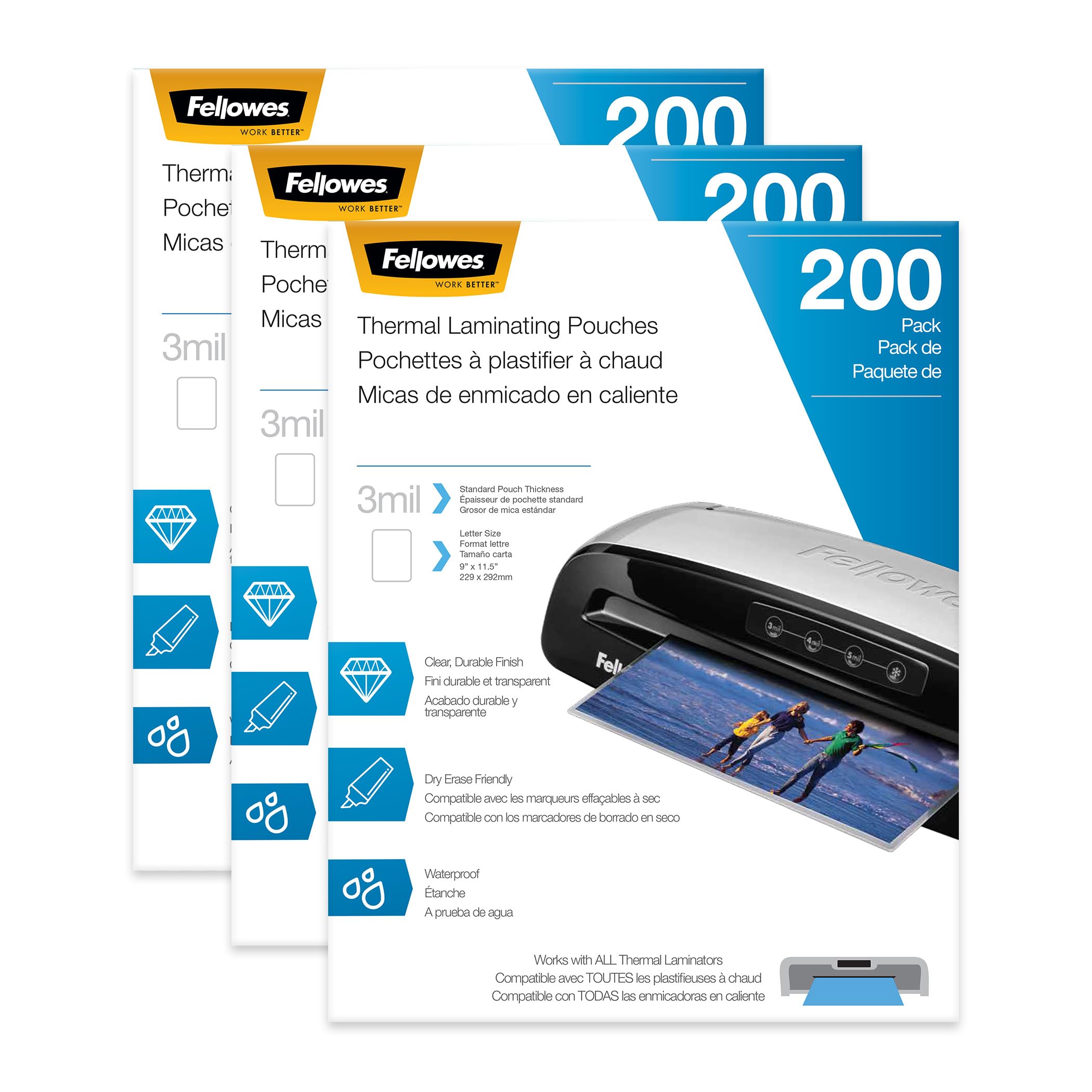 Fellowes Thermal Laminating Sheets, Letter Size 9” x 11.5”, 3 Mil, Glossy, Clear Photo-Safe Pouches, 600 Total (3 Pack of 200), Compatible with All