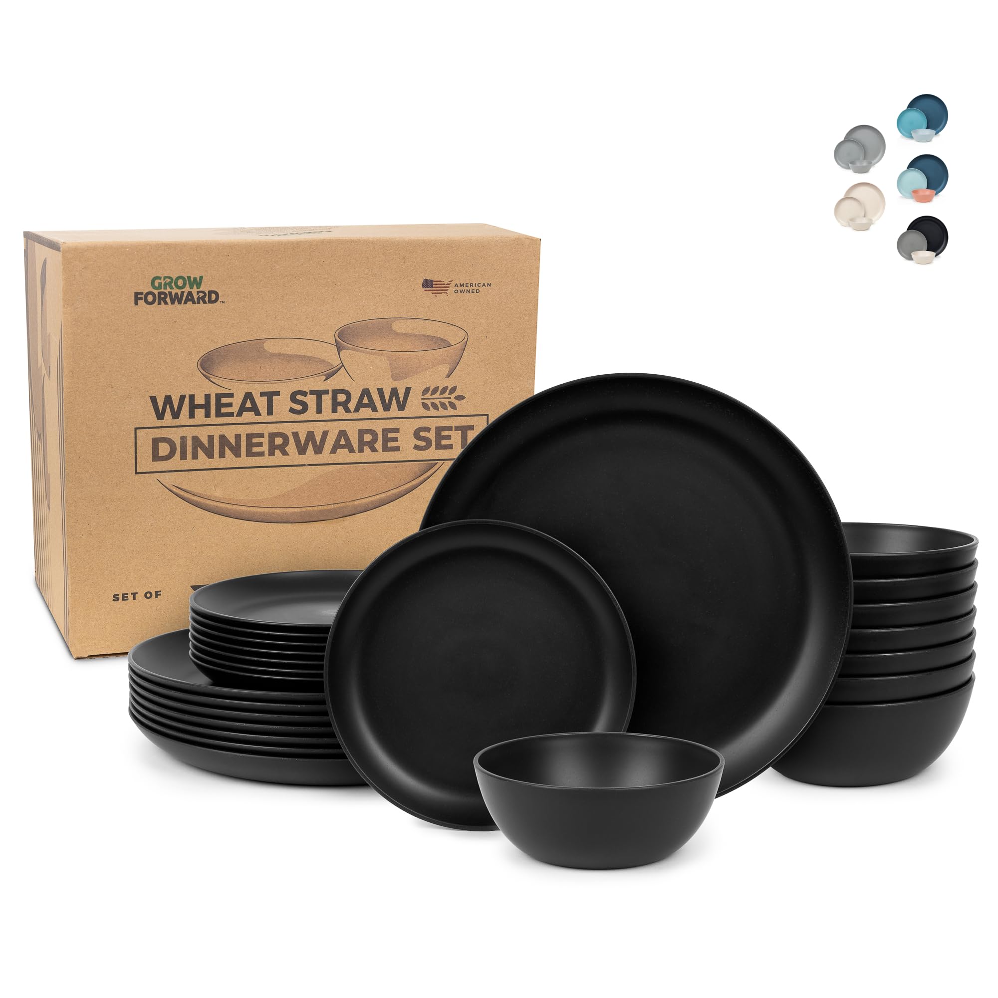 Grow Forward 24-piece Premium Wheat Straw Dinnerware Sets for 8 - Unbreakable Dishwasher & Microwave Safe Plastic Plates and Bowls Sets - Patio, Outdoors, RV, Camping Dishes - Midnight
