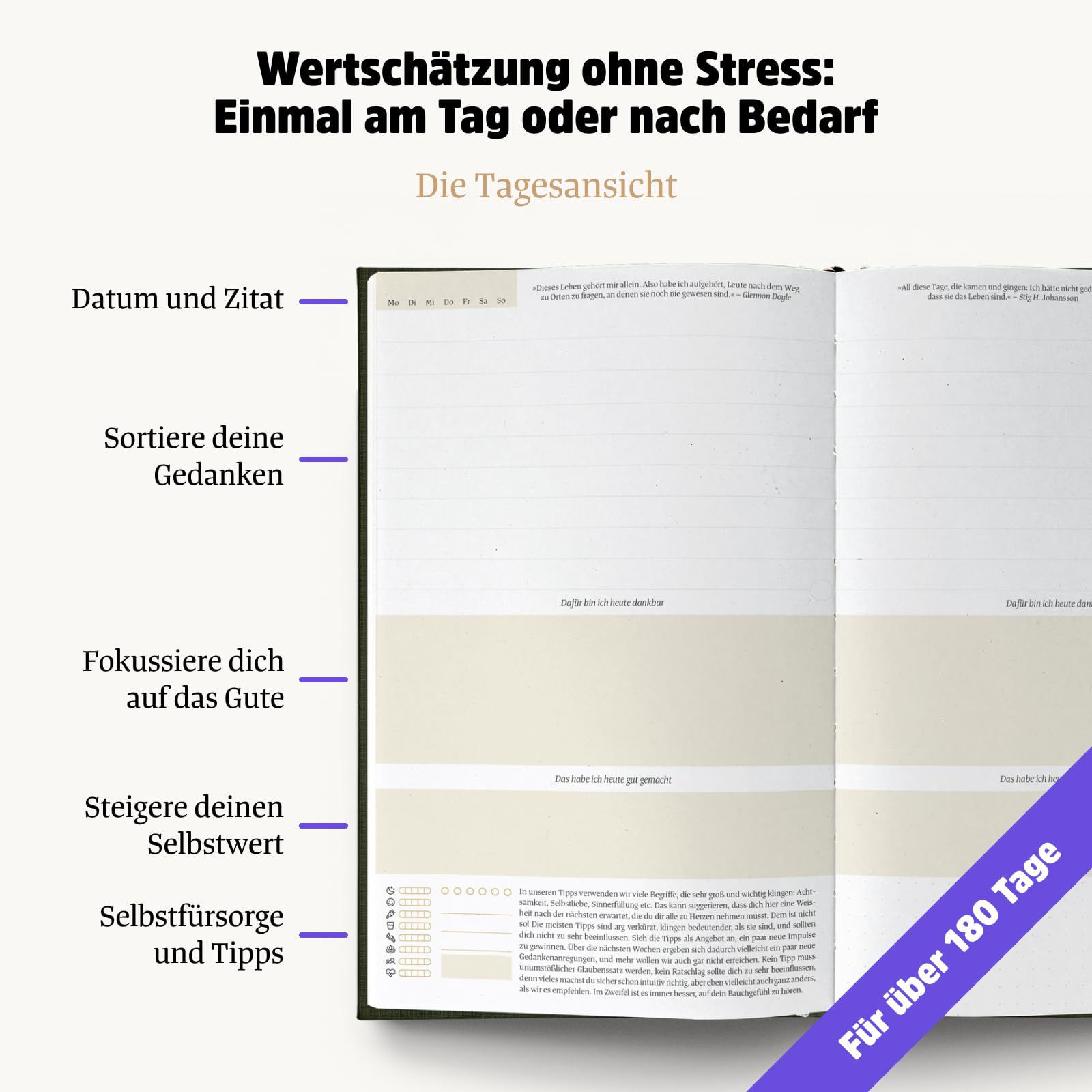 Ein guter Tag, Selbstliebe- und Dankbarkeitstagebuch. Nur 5-6 Minuten am Tag. Für Dankbarkeit, Achtsamkeit, Journaling, Tagebuch (Seegrün)