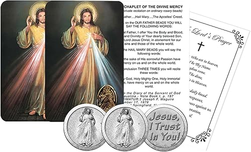 Coronilla de la Divina Misericordia - con medalla en relieve, ficha de Jesucristo, tarjeta de oración del Señor | Ficha de bolsillo de Jesús I Trust