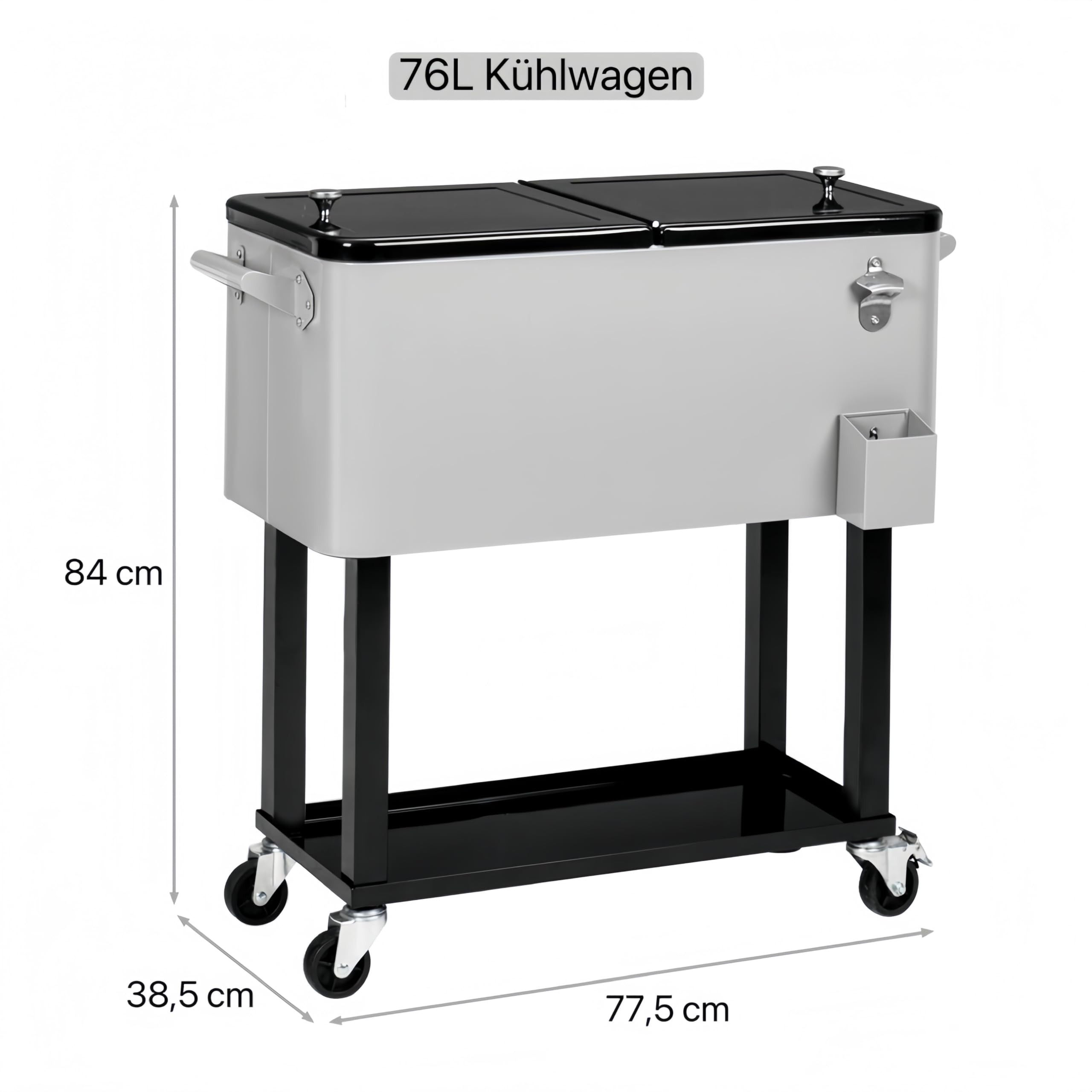 Bonnlo 76L Servierwagen mit Rollen, Getränkekühler aus Metall mit Ablauf – Mobiler Kühlwagen mit Ablagefach & Feststellrädern, für Outdoor-Partys, Garten, Camping & Strand, 77,5 x 38,5 x 84 cm, Silber