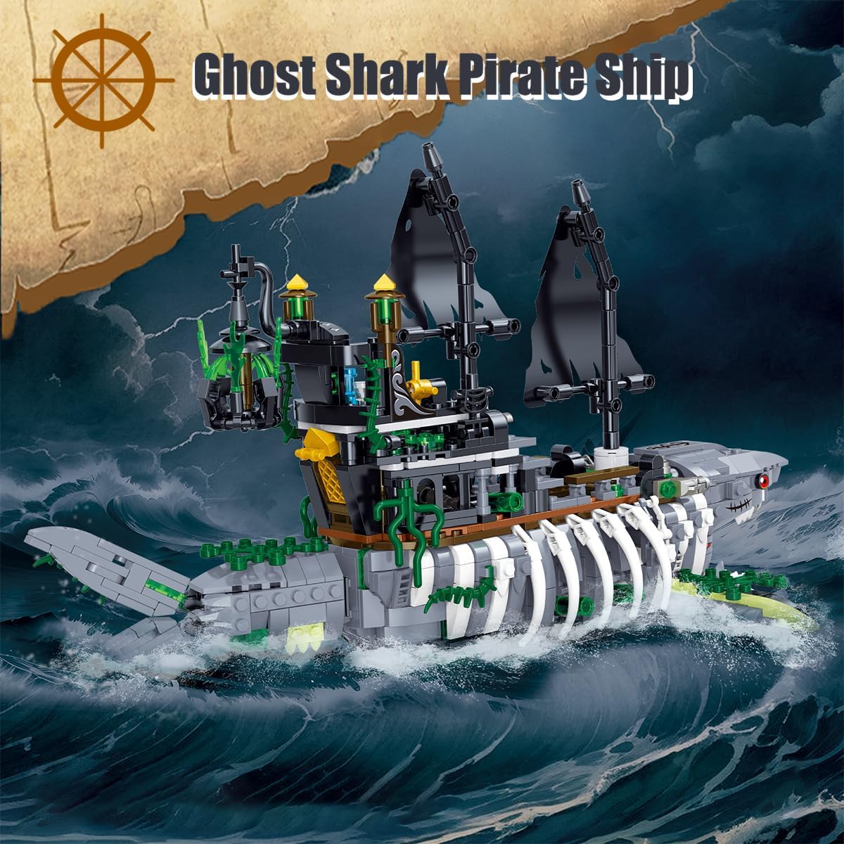 BDYDT Ghost Shark Pirate Ship Mini Building Blocks Set (1155 Pieces) Building Set Model Toys Gifts for Kid and Adult, Interesting Gifts for Pirate Ship Enthusiasts