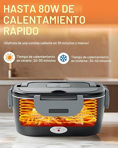 Miniatura 5 de Fiambrera eléctrica para hombres, mujeres y adultos, calentamiento rápido de 80 W, lonchera térmica con recipientes dobles SS de 1.5 L, calentador