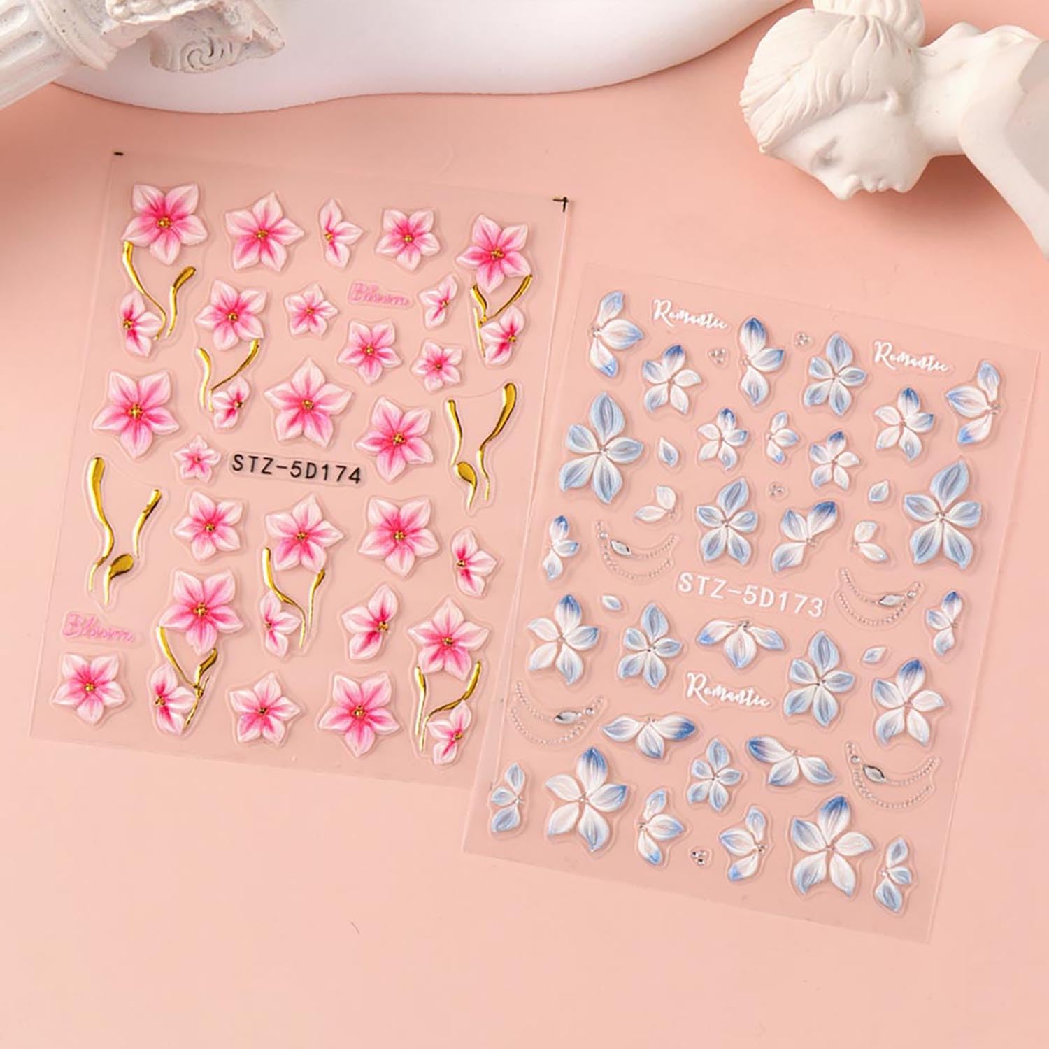 3Sheet 5D Embossed Nail Stickers Spring Nail Art Stickers Decals with Flower Pearl Gold Design Nail Stickers for Nail Art Summer Blue White Pink Flower Self-Adhesive for Women Nail Supplies