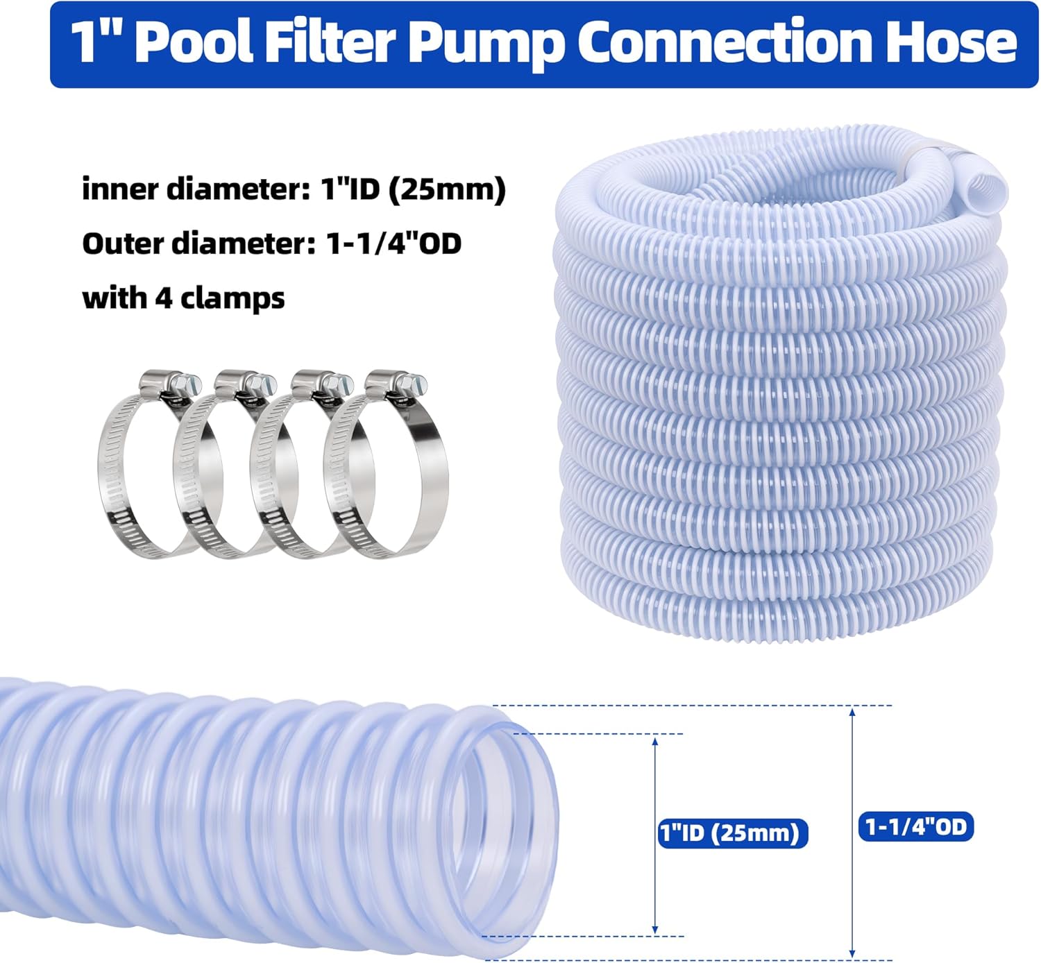 DAVCO 1" ID Heavy Duty Clear Pool Filter Pump Hose 10 ft - Cuttable Kinkproof PVC with Spiral Reinforcement, Includes 4 Stainless Steel Clamps for Above Ground Pool Systems