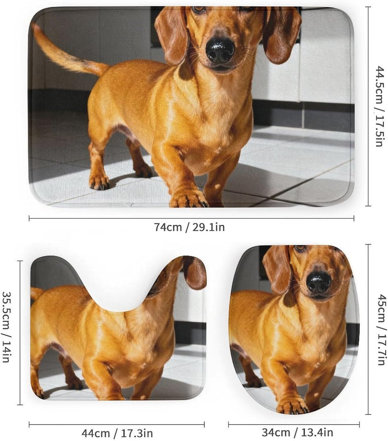 4 Piece Bathroom Rug Set with Shower Curtain, Non-Slip Bath Mat Toilet Cover Set, Dachshund Running Bathroom Rug Sets