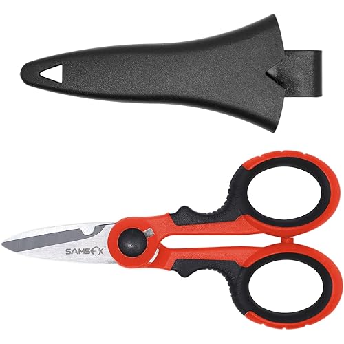 SAMSFX Fishing Heavy Duty Anti-Slip Serrated Edge Scissors Saltwater Freshwater Braid Scissors Braided Line Cutter with Plastic Belt Case Sheath Kit (Common Finger Hole, Black & Red Handle)