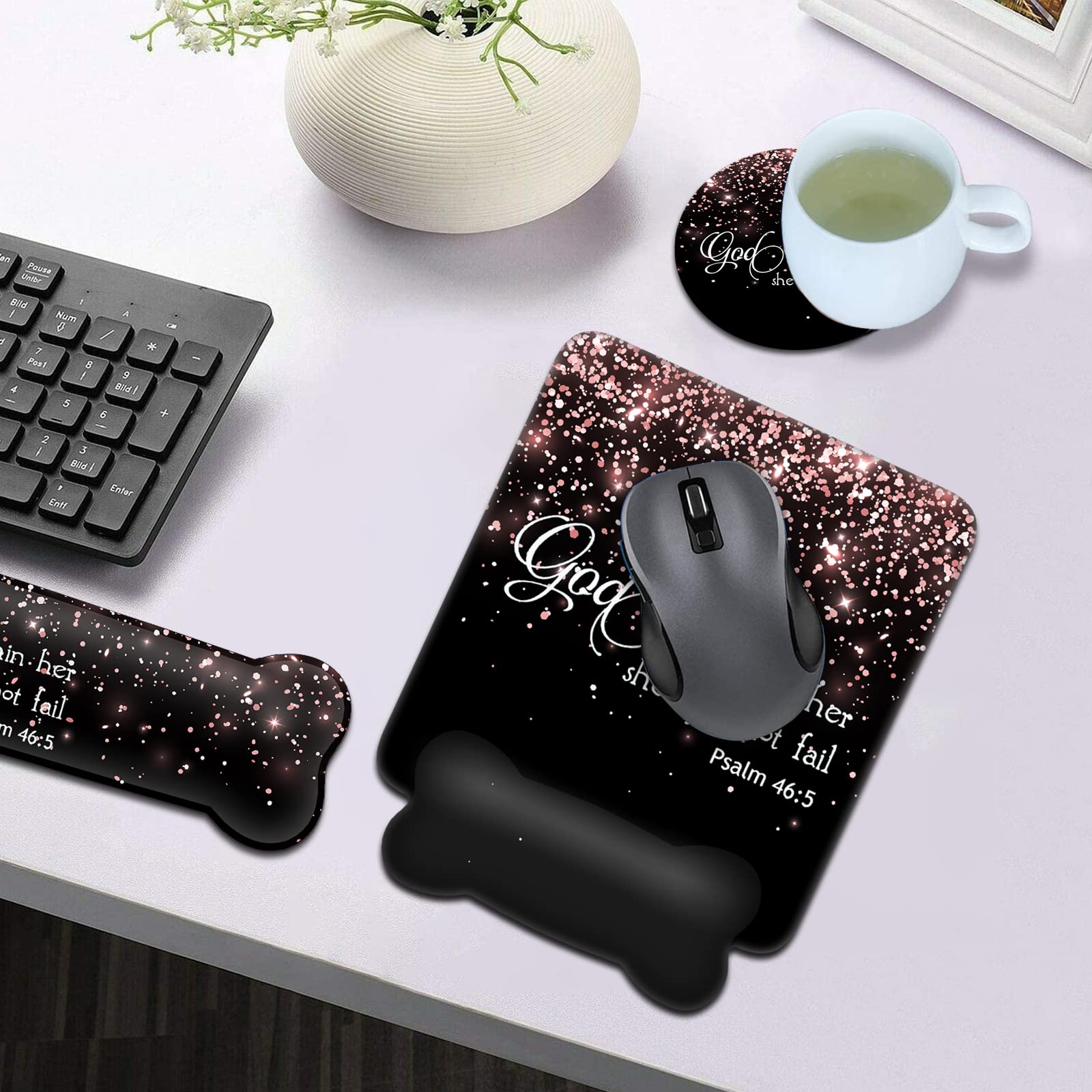 Handgelenkauflage Set Mit Mauspad – Memory Foam, Ergonomisch, Rose Gold & Schwarz, Inkl. Psalm 46:5 Design
