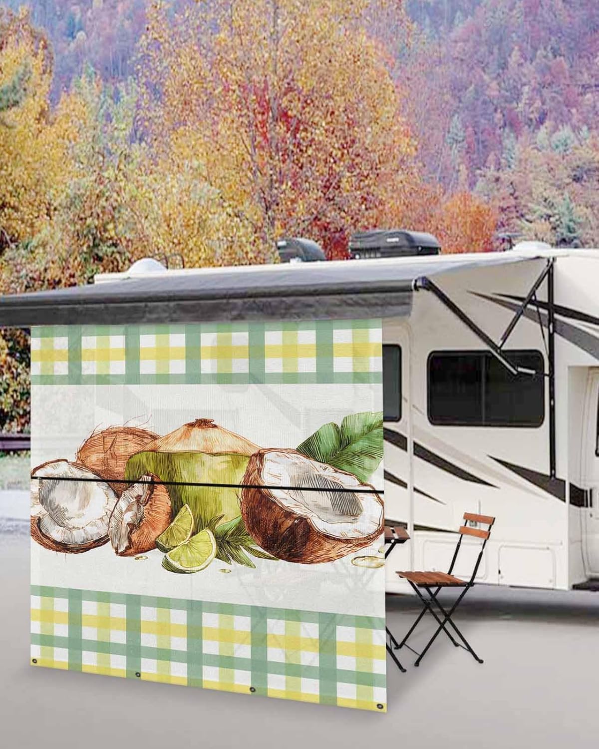 Summer Pastoral RV Awning Sun Shade Screen with Zipper 9'x7' Tropical Coconut Lemon Yellow Green Plaid Mesh Sunshade UV Blocker Awning Shade Complete Kits for Motorhome Camper Travel Trailer Canopy