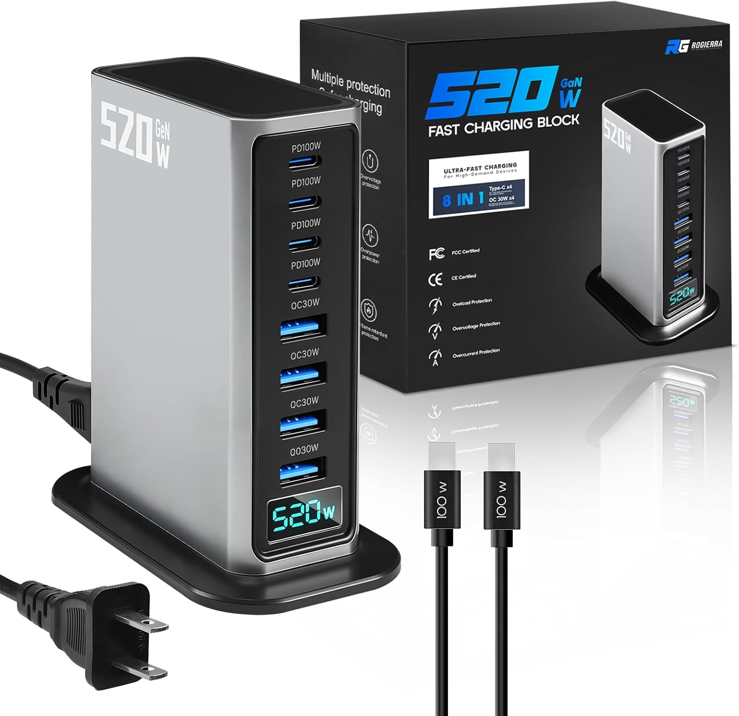 520W USB C Charger Block, 8-Port GaN Fast Charging Station for MacBook Air/Pro, Dell, iPhone 15/14, iPad, Samsung, PD 100W USB-C & USB-A Laptop/Phone Adapter, Travel & Office Use.