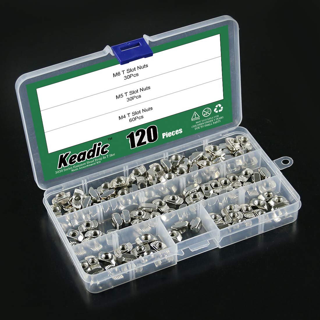 Keadic 120Pcs 3030 Series T Nuts, M4 M5 M6 Hammer Head Fastener Drop in T Slot Nut Assortment Kit with Organizing Box for Aluminum Profile - Carbon Steel Nickel Plated