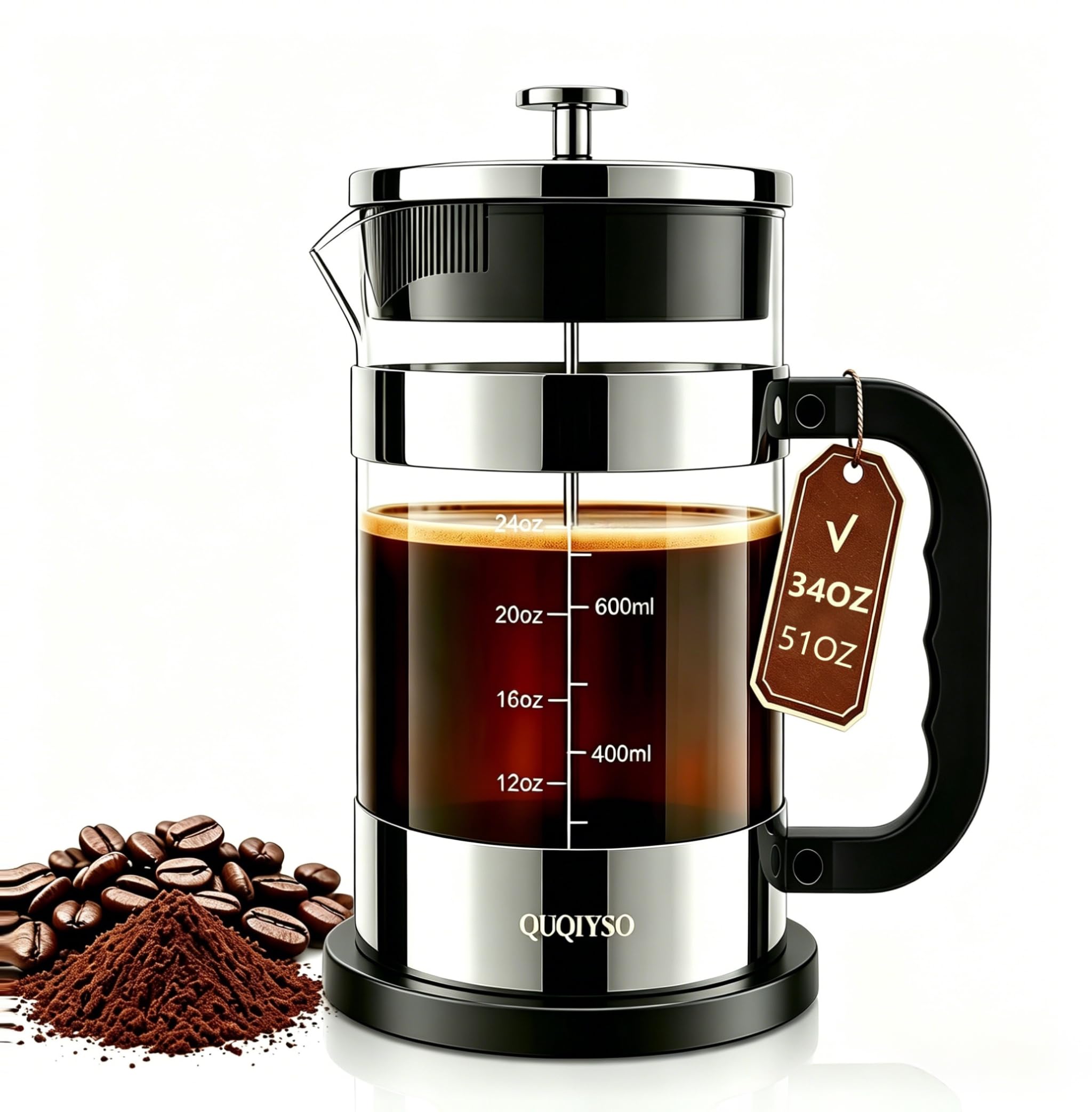 QUQIYSO French Press Coffee Maker 34oz, Thickened Glass Coffee French Press