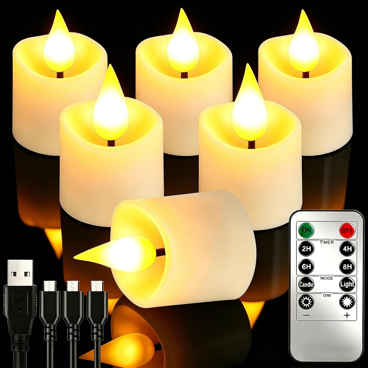 6Pcs Rechargeable Tea Lights: 1.5"x2.2" Flameless LED Votive Candles with Remote & Timer, USB Battery Operated Flickering Fake Tealights for Home Wedding Centerpiece Table Decor, Anniversary Christmas