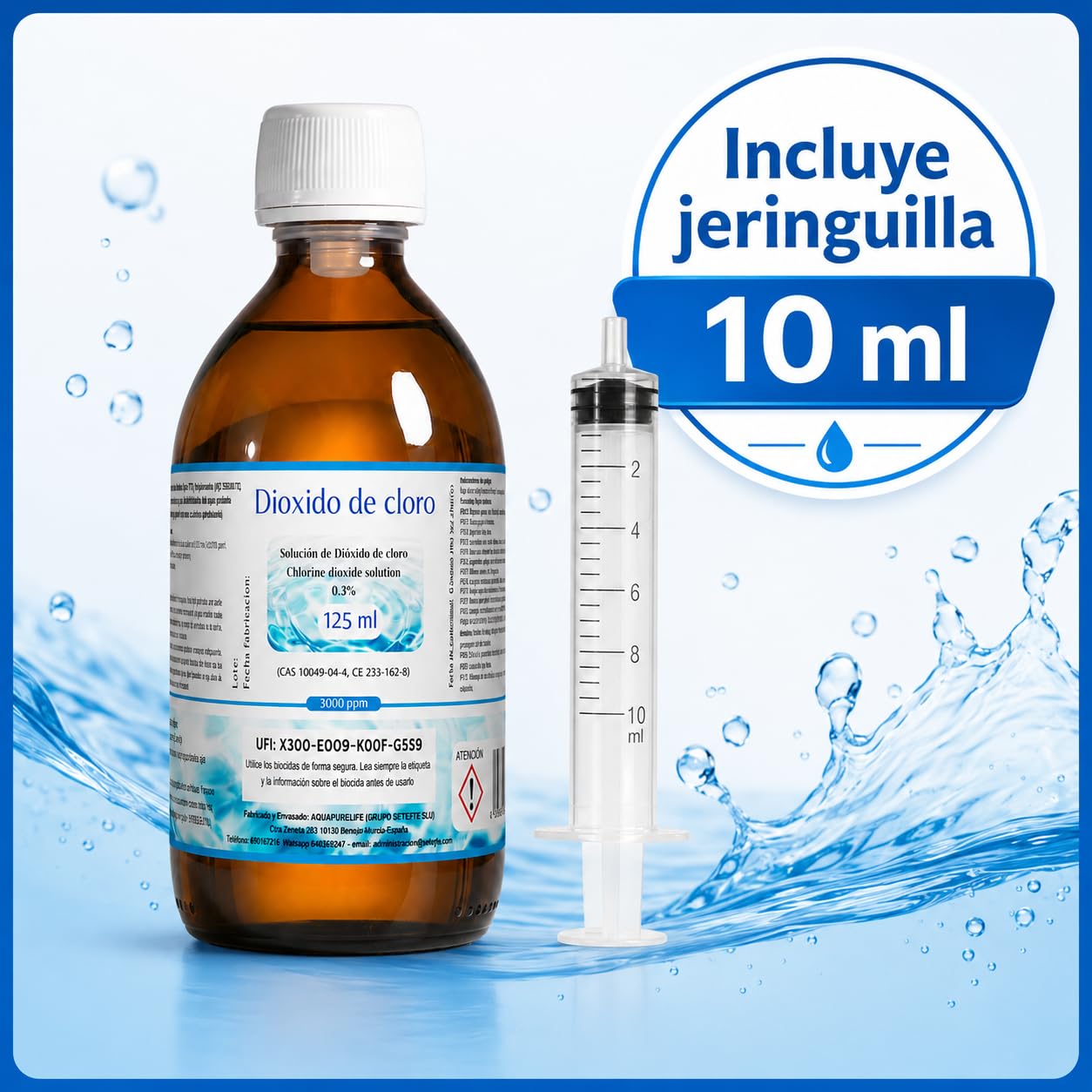 Dioxido de Cloro 3000ppm - CDS 0,3% - Envasado en Botella Cristal Ambar - Fabricado en España (125ml)
