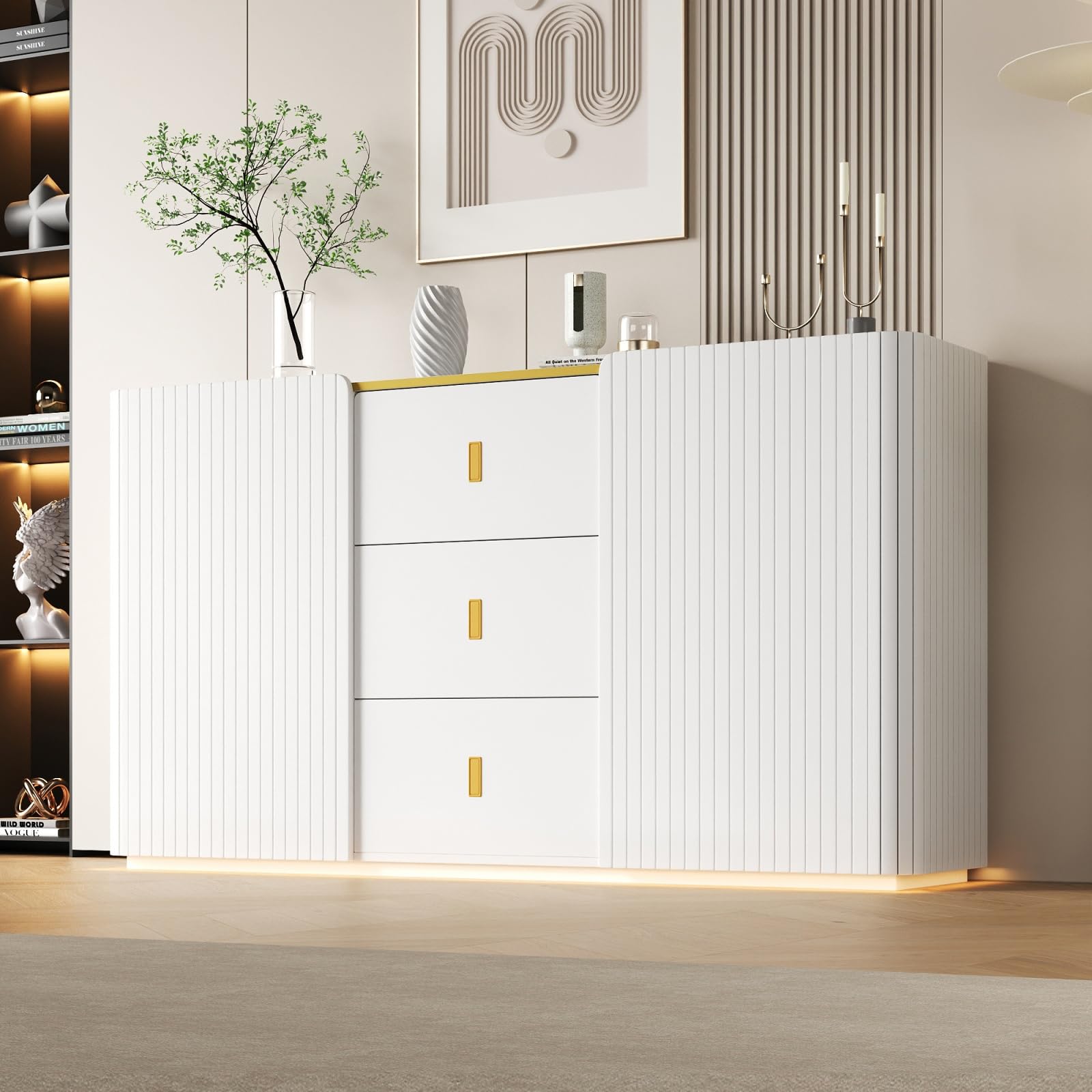 Genérico Aparadores para Salon,Mueble Auxiliar SalóN con 2 Puertas y 3 Cajones,Aparador Cocina con IluminacióN Led,MúLtiples Ajustes de Brillo y Color,Separadores Ajustables,Blanco