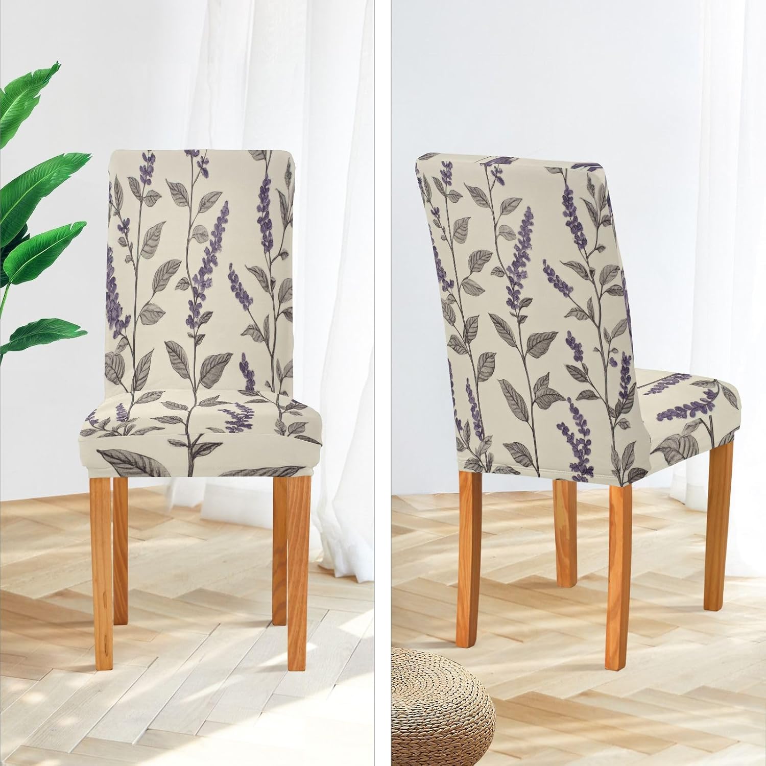 ALAZA Chair Covers for Dining Room, Twigs and Leaves of Lavender Flowers Stretch Chair Cover Sets Chair Protector Removable Washable for Ktichen Restaurant Hotel