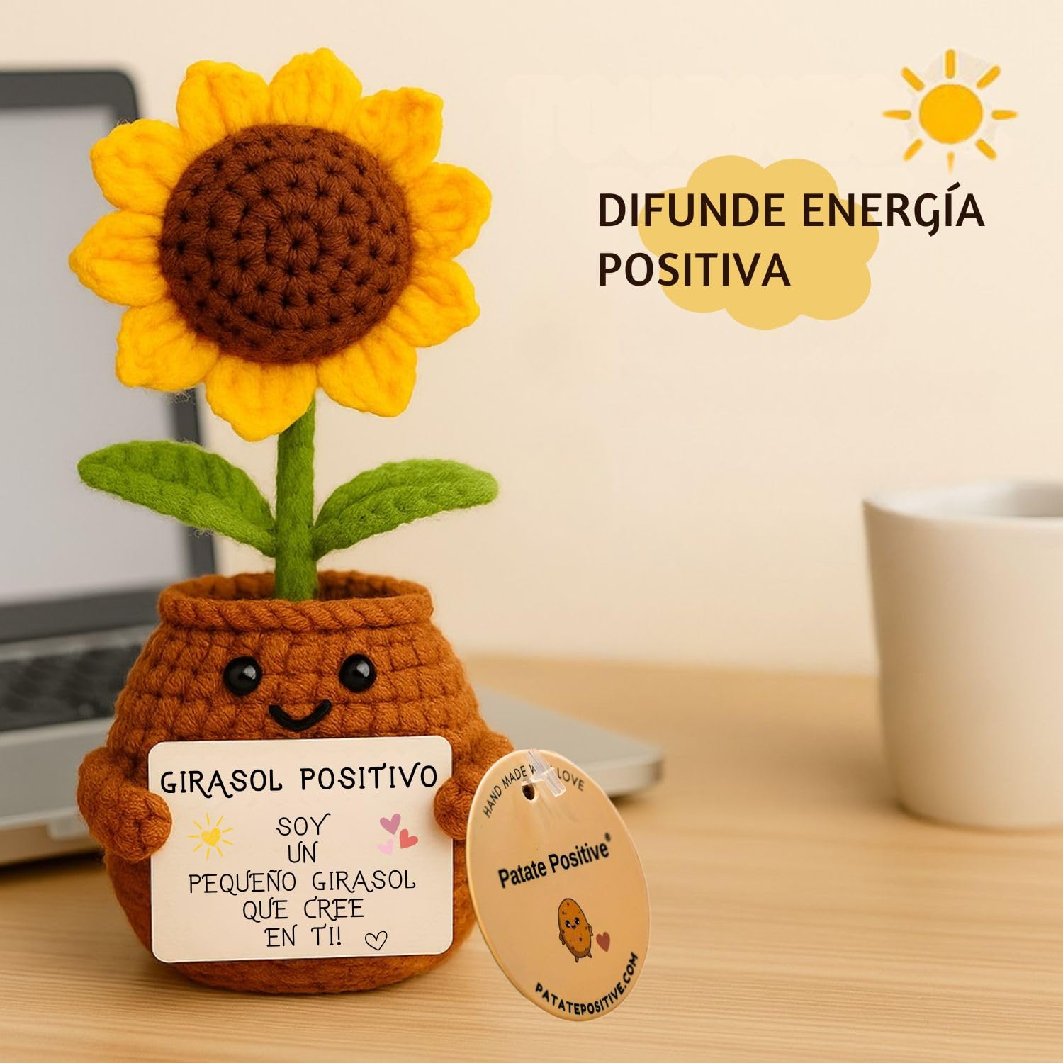 Girasol Positivo | Regalo Original y Emotivo | Día de la Madre | Cumpleaños Mamá Amiga Compañera Profesora Maestra Hija Mujer | Flor Artificial en Maceta | Detalle Sentimental Unico | Decoración Hogar