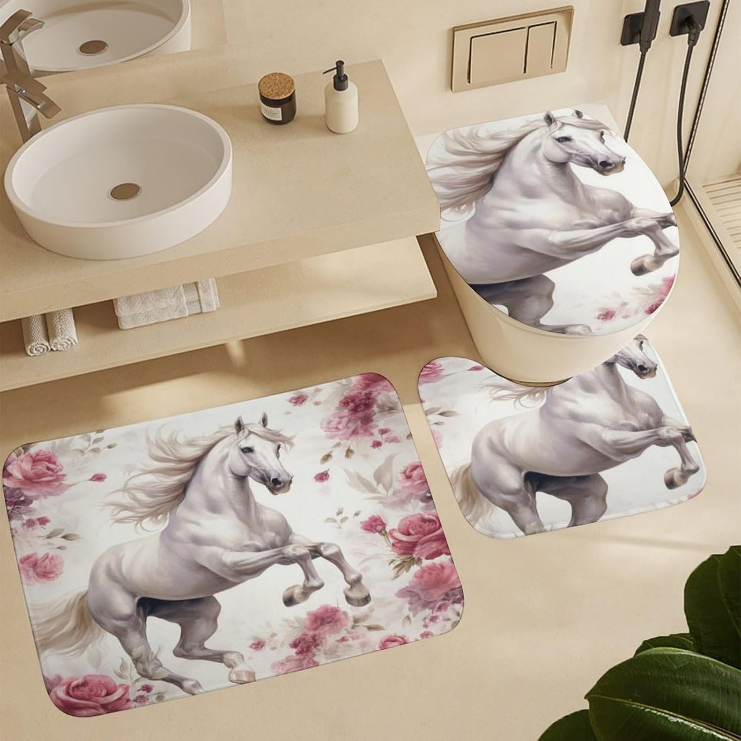Horses Roses Bath Mat 3 Piece Bathroom Rug Set 20"x32" Western Farmhouse Animal Rug Set 3 Piece Bathroom Decor Bathroom Mats Soft Washable Bath Mats for Tub Shower Room Decor