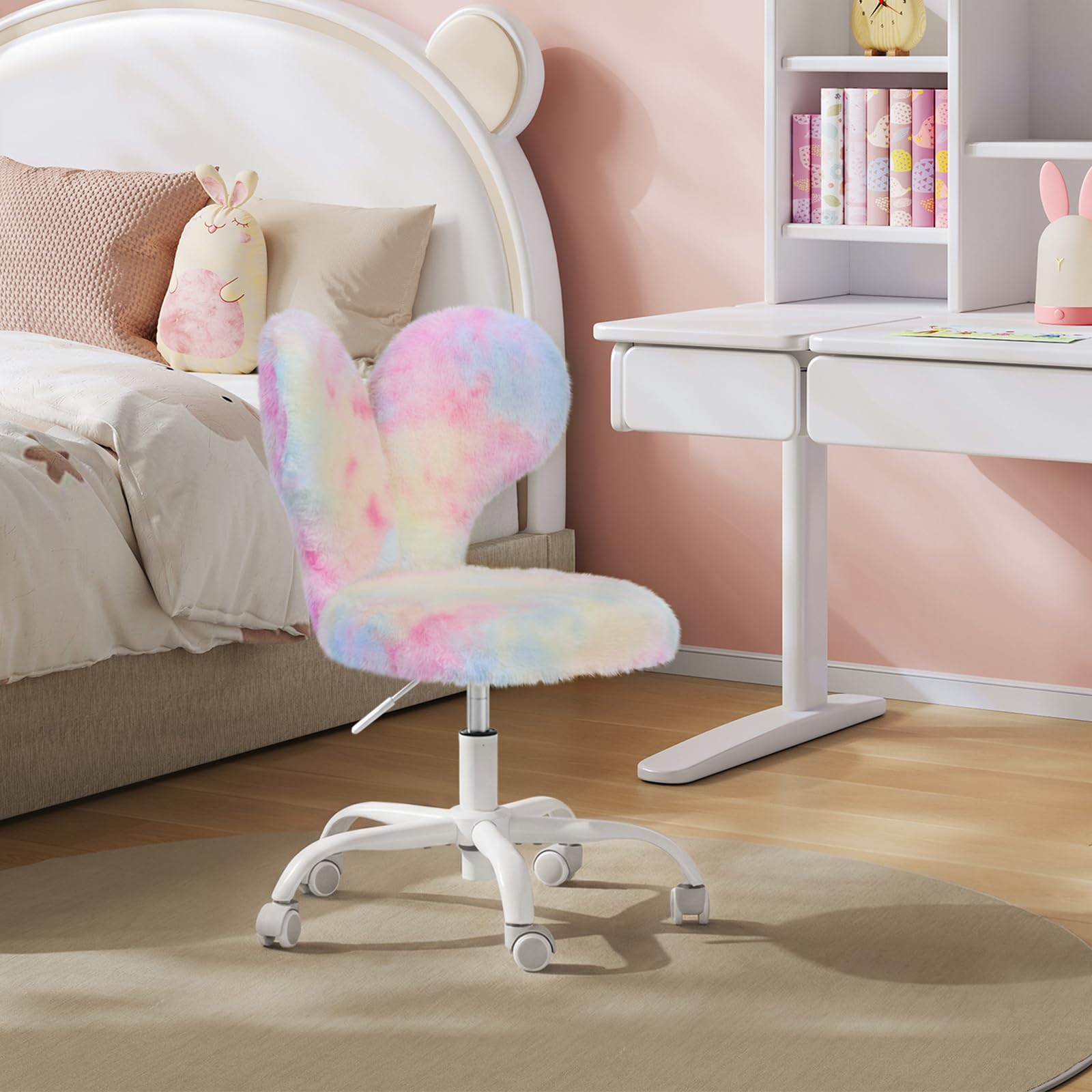 WOLTU Sedia per Bambini a Forma di Coniglio, Sedia da Scrivania con Ruote, Girevole a 360°, Altezza Regolabile, Schienale Avvolgente, per Cameretta, Rosa Multicolore