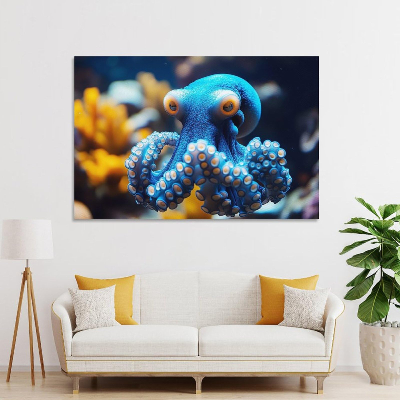 Junmoney Cute Blue Octopus in Coral Reef Decorative Wall Artwork 20x30inch(50x75cm), for Living Room, Bedroom, Office Or Hallway, Decorative Artwork with Broad Appeal