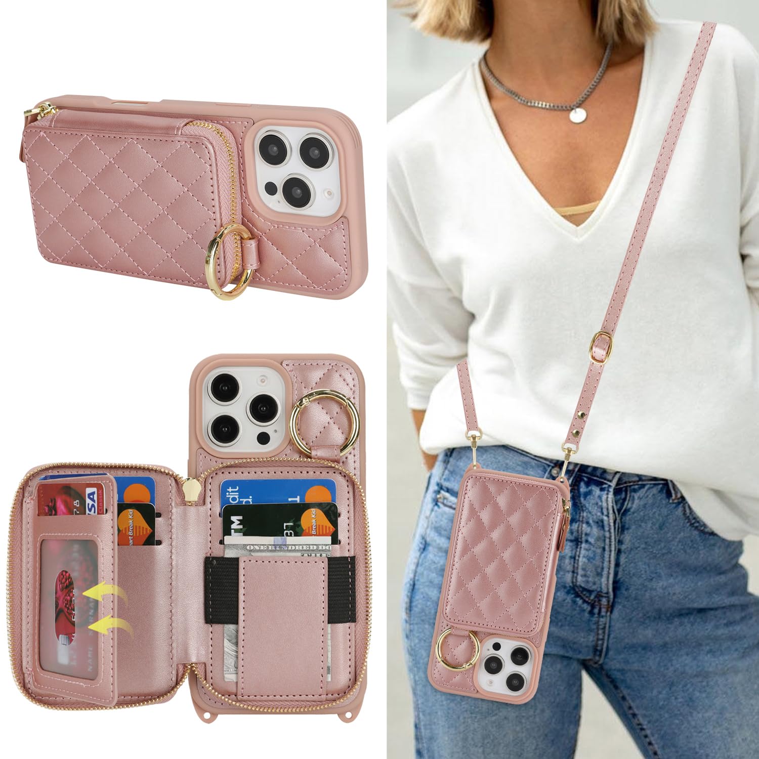 Crossbody Wallet Case for iPhone 16 Pro Max-Rose Gold
