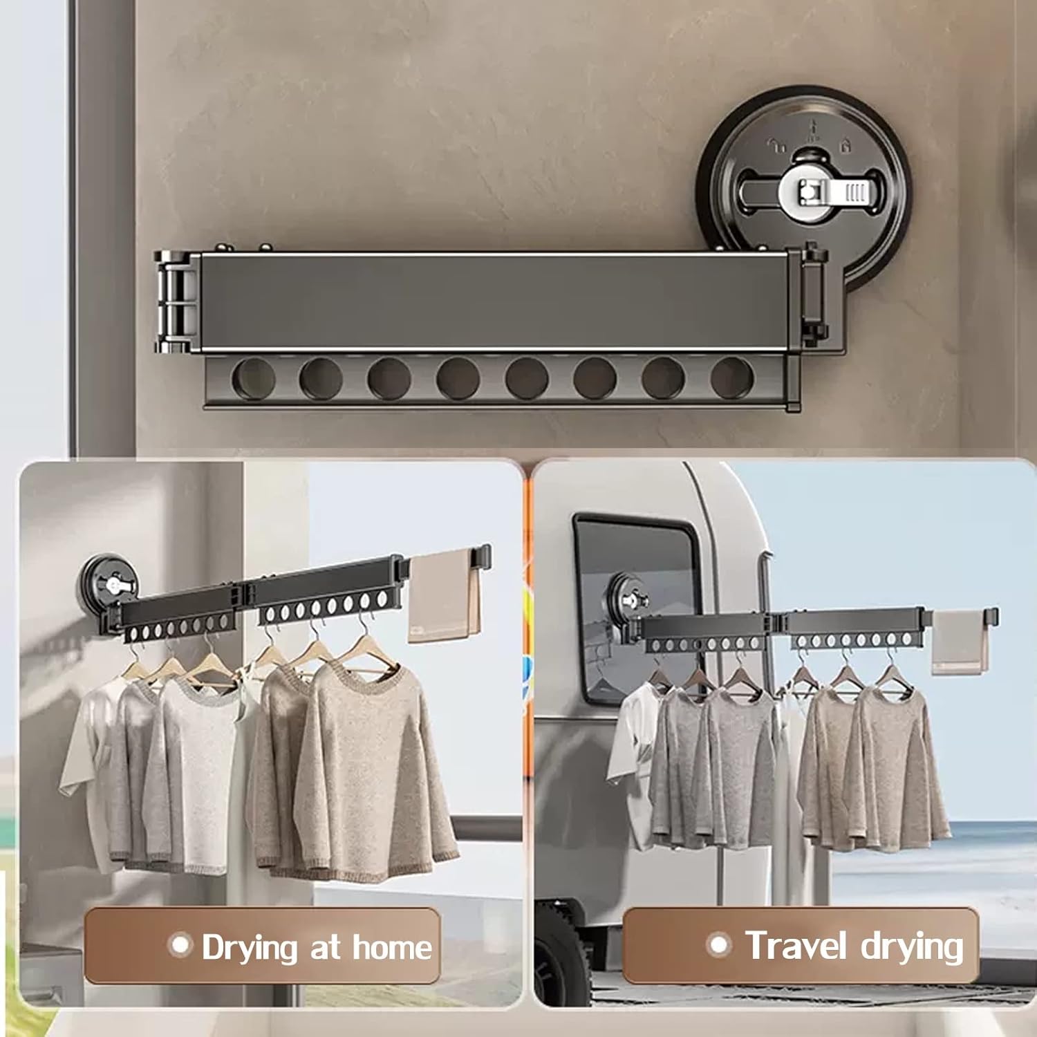 Foldable Portable Clothes Drying Rack - Extendable Wall-Mounted Clothes Horse with Suction Cups & Towel Bar - Space-Saving Airer for Efficient Laundry Drying