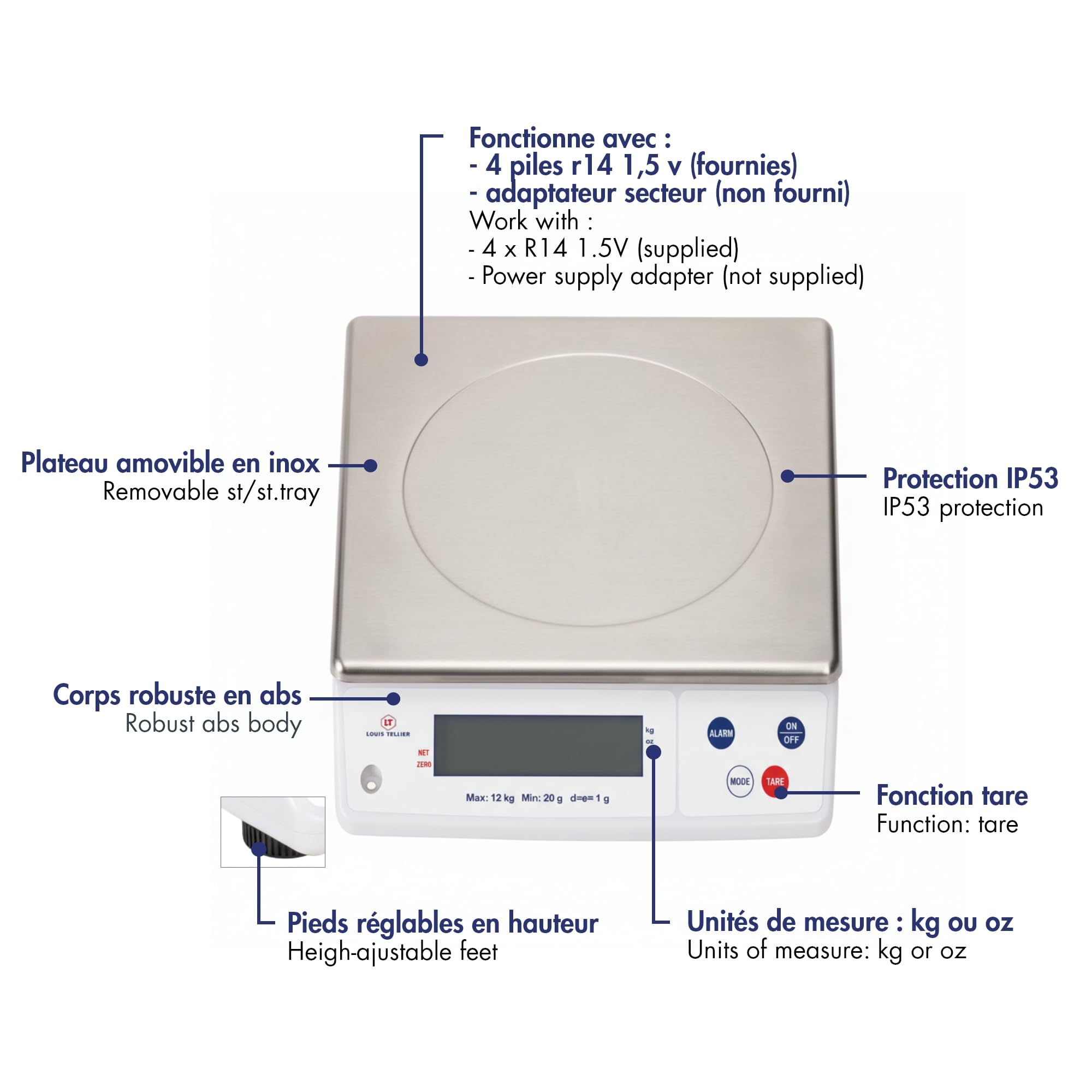Louis Tellier - Balance cuisine professionnelle électronique 12kg/1g IP53 | Précision 1g, plateau inox amovible 29,8x23,6cm ; pieds réglables, tare, unités kg/oz ; IP53, 4 piles fournies, témoin usure