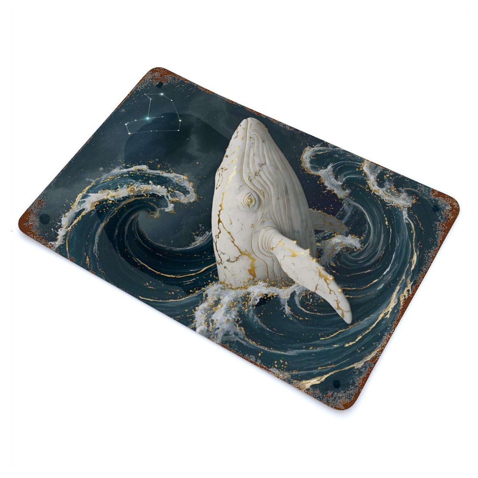 Whale in Ocean Waves with Constellation Weathered Tin Sign 11.8"x7.9", Vintage Wall Decor for Garage, Pub Or Kitchen