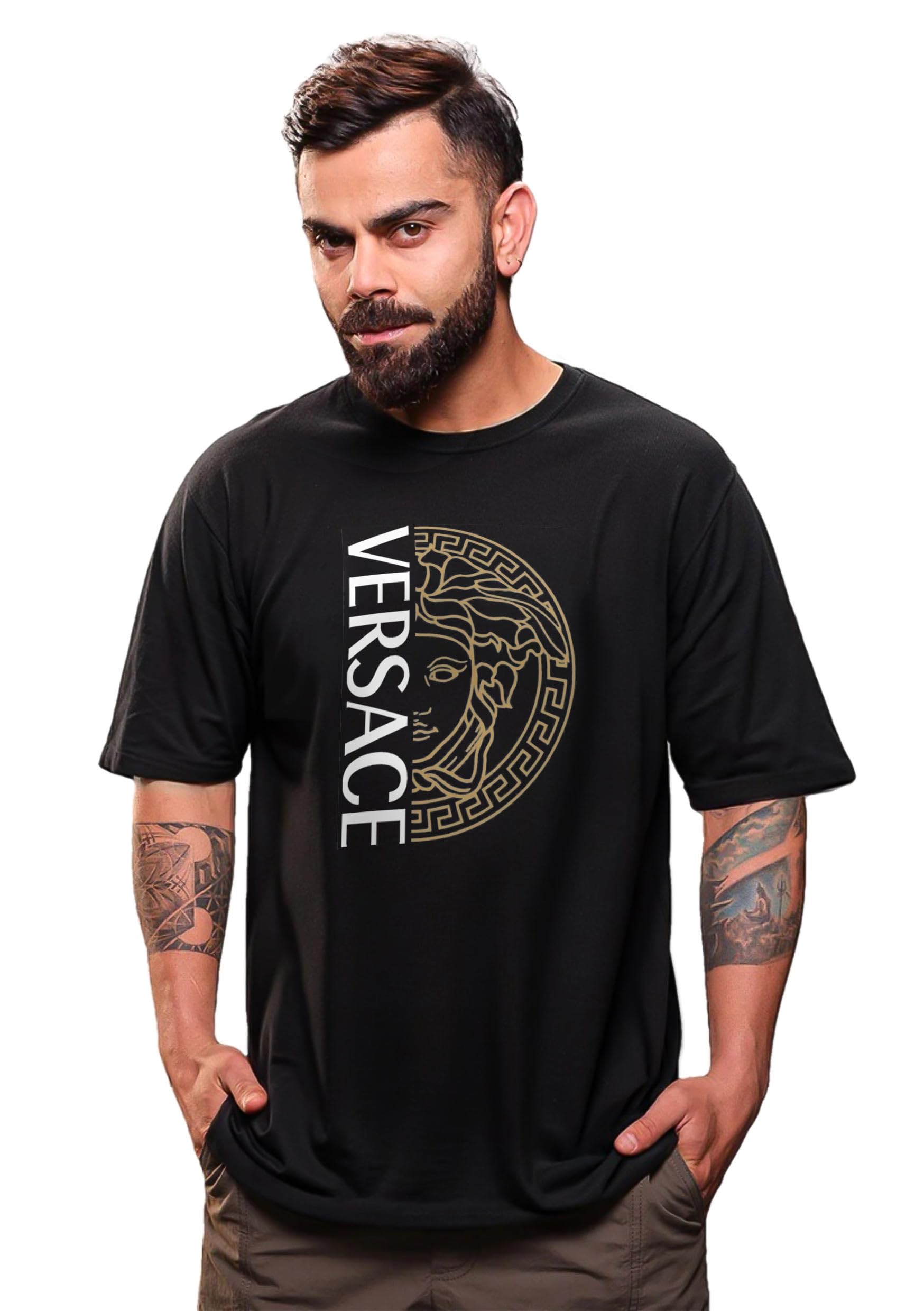 Luxury Medusa Style Black Oversized Terry Cotton T-Shirt for Boys & Men-picture-47