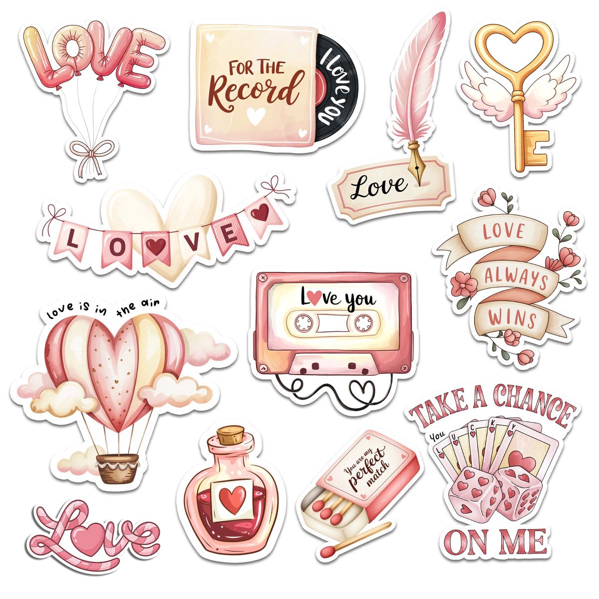 Photo 1 of 12 Pcs Retro Valentine Love Stickers Cute Pastel Romantic Designs Gifts for Teens Girls Wife Husband Boyfriend Girlfriend for Laptop Water Bottle Tumbler Notebook Journal Scrapbook Phone 3 Inches