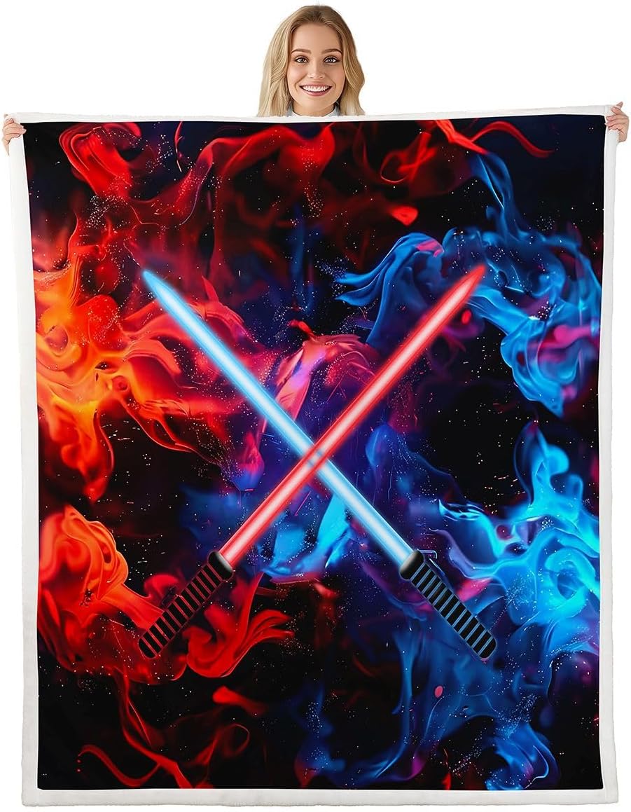 Castle Fairy Lightsaber Throw Blanket Neon Red Blue Fleece Blanket Cool Lightning Bed Blanket for Couch or Bed Video Games Theme Blanket Soft Warm Lightweight for Kids Adults Women Gift(40x50 Inches)