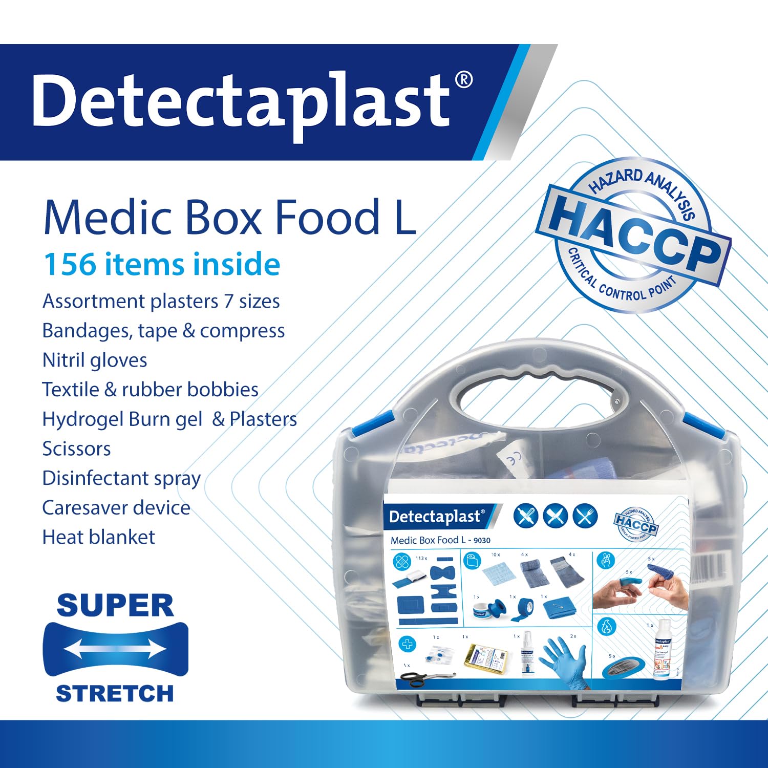 Apteczka Detectaplast dla gastronomii, apteczka do leczenia ran, przenośna apteczka w etui z plastrem, bandażem, taśmą, sprayem dezynfekującym, 157 sztuk