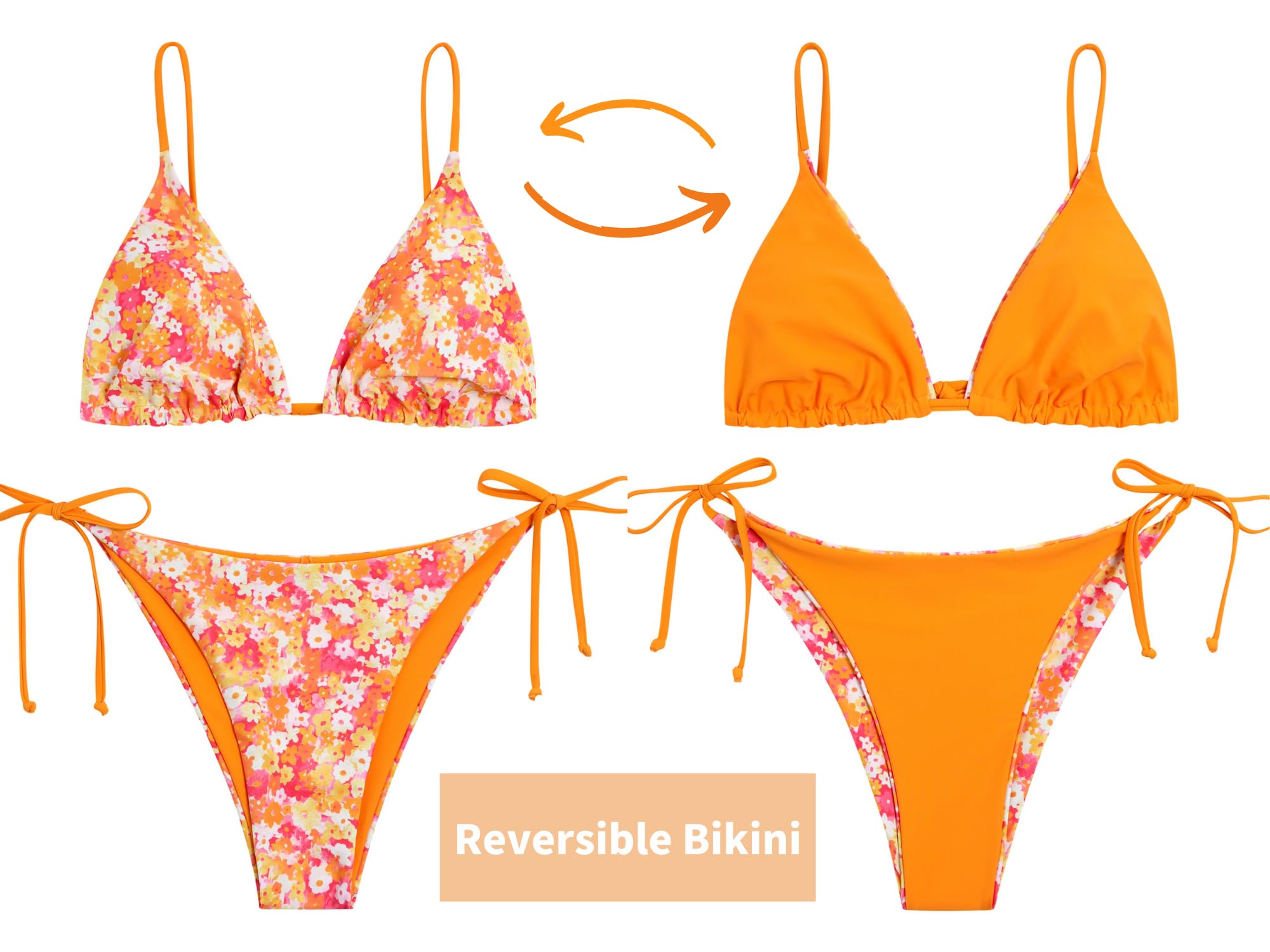 ZAFUL Women's Triangle Bikini Floral String Bikini Set Two Piece Swimsuit Bathing Suits: 2-orange Flower Large