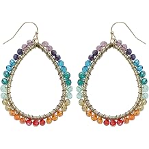 Bohemian Boho Teardrop Dangle Drop Earrings for Women Delicate - Handcrafted Wire Wrapped Colorful Faceted Glass Beads Gold Plated with Gift Box Included