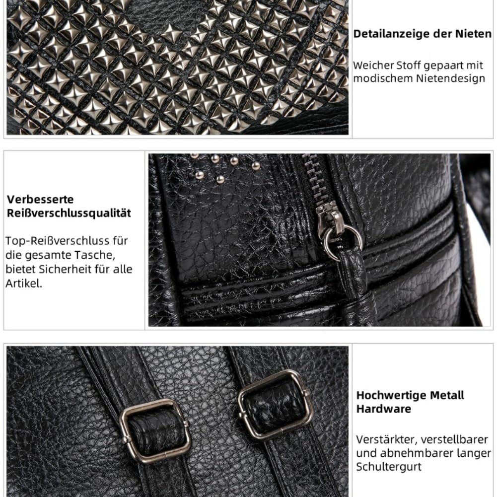 Rivet Design Luxe czarny plecak ze skóry PU torba na ramię wypoczynek torba podróżna torba szkolna plecak dla nastolatek dziewcząt, Czarny, M, Plecaki tornistry