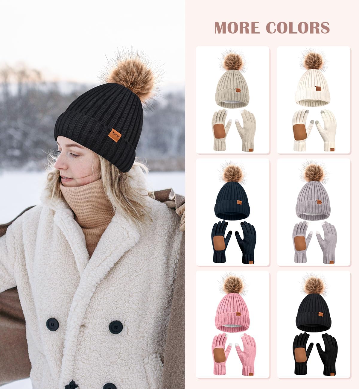 Womens Winter Beanie Hat Gloves Set,Fleece Lined Warm Knit Pom Pom Ski Hat Touchscreen Gloves Set Gifts for Cold Weather - Image 6